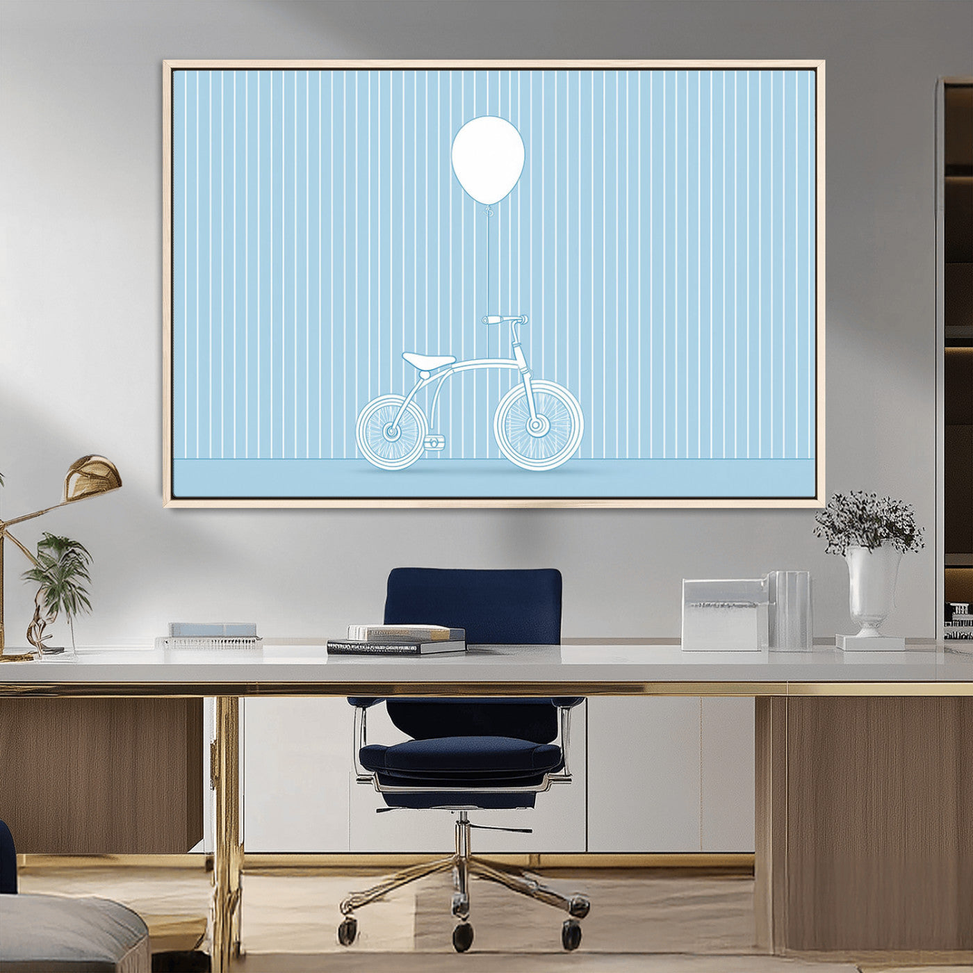 A minimalistic blue line drawing of a bicycle with a balloon floating above it, set against a soft striped background.
