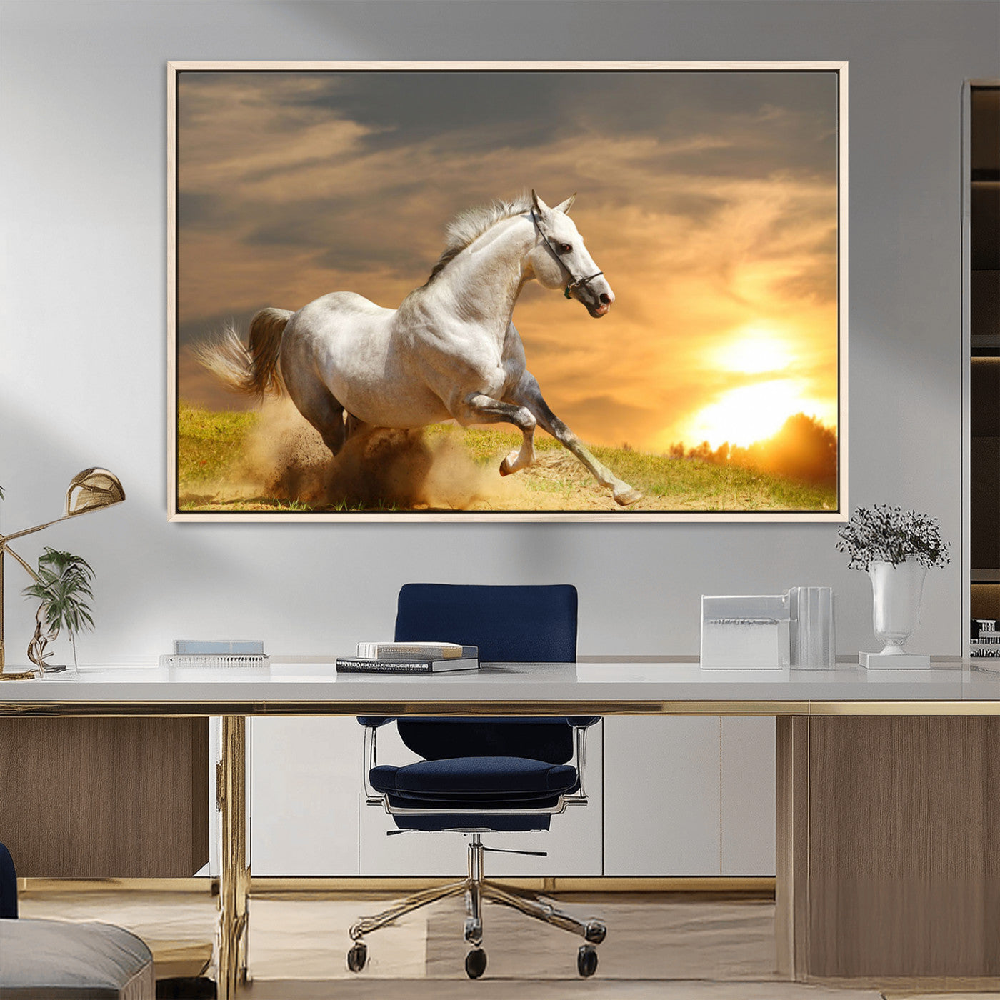 A powerful white horse galloping through the field at sunset, with the golden light illuminating its mane and the vibrant sky in the background.