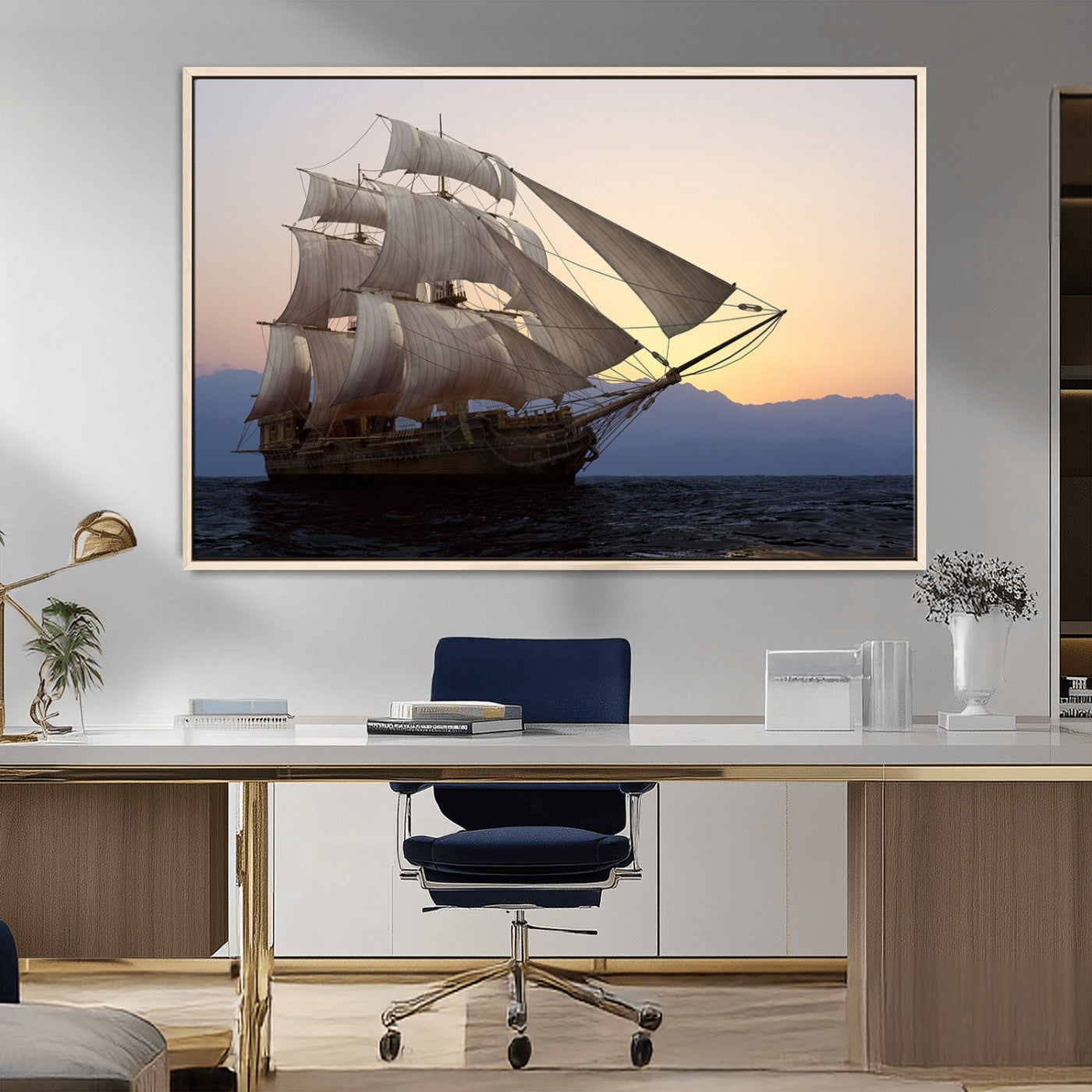A majestic sailing ship with full sails, gliding through the ocean at sunset, with the soft glow of the sky casting a serene backdrop.