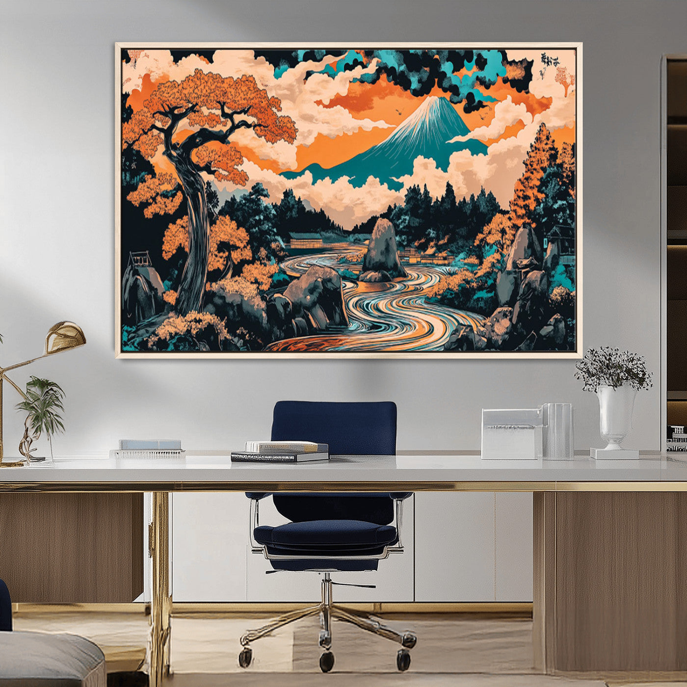 A vibrant Japanese-inspired landscape featuring Mount Fuji, a winding river, and autumn-colored trees under a dramatic sky, in bold and vivid hues.