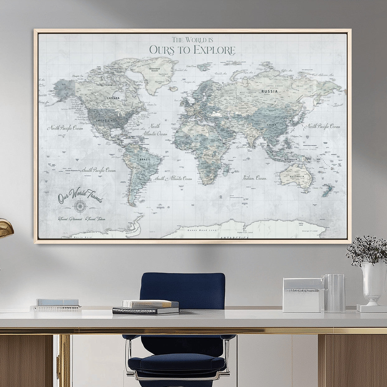 73654056-MGV-FC-36X24 - Personalized Push Pin World Map Canvas Print – Custom Framed Travel Tracker Artwork for Couples or Home Decor