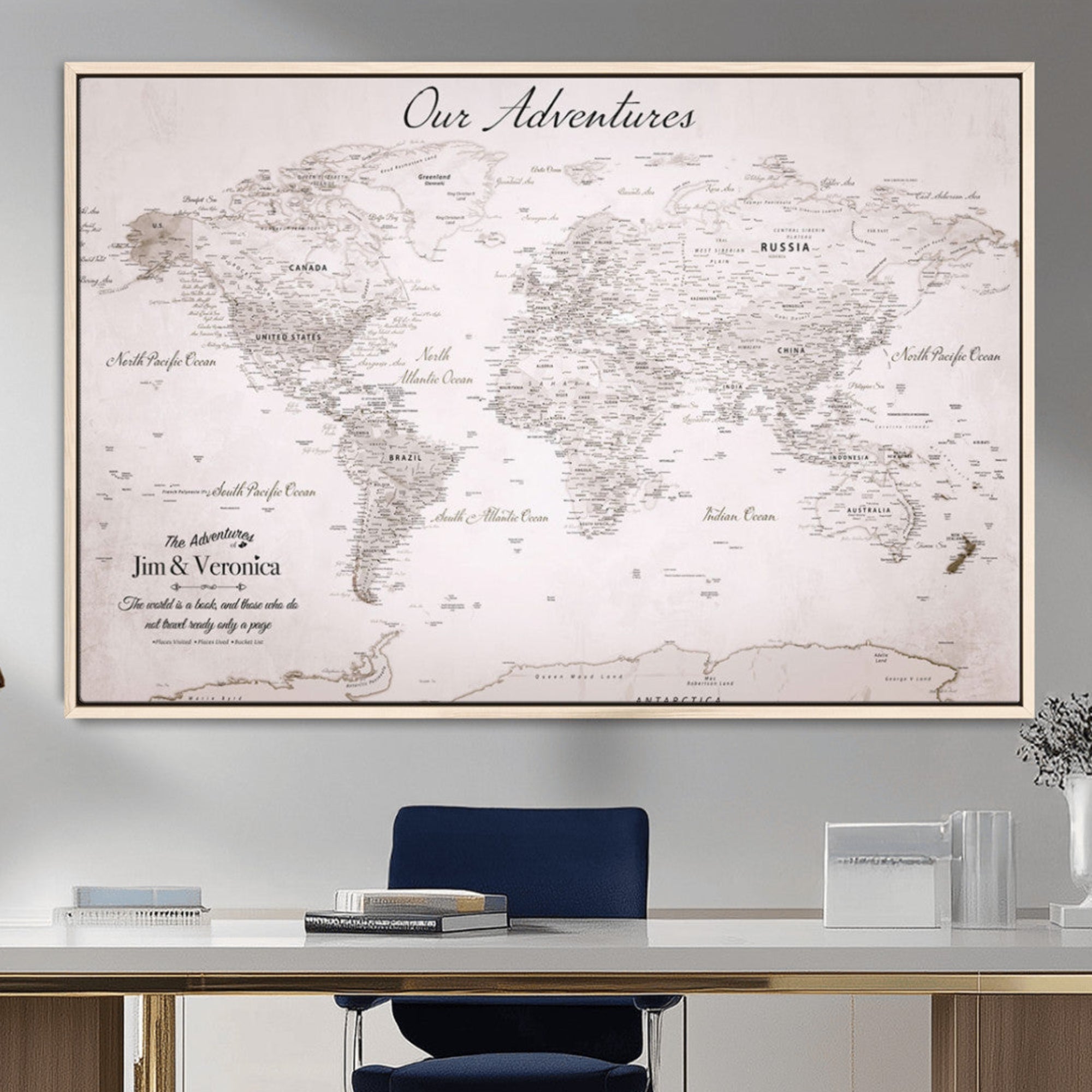 14561774-MGV-CV-36X24-Custom Push Pin World Map Wall Art – Personalized Travel Canvas Print with Foam Pins Framed Decor for Home, Office