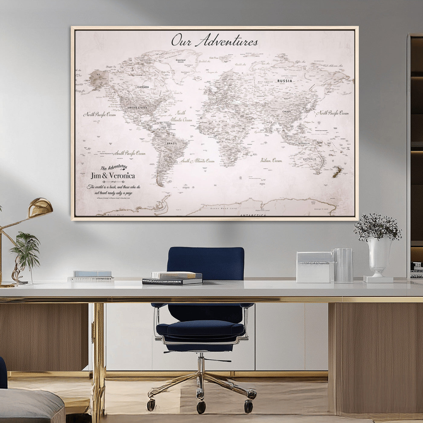Customize Push Pin World Map Wall Canvas Print – Personalized Travel Map with Foam Pins – Framed Custom Quotie Canvas for Home Office Decor