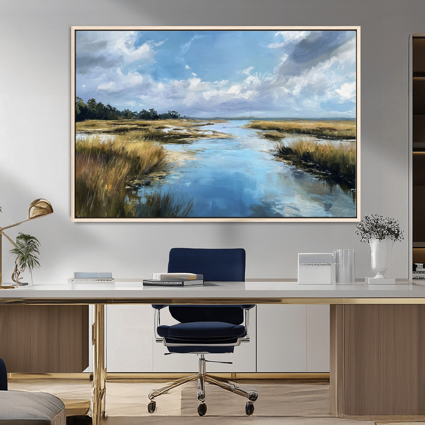 A beautiful, painterly landscape of a calm river winding through a marsh, with vibrant green grasses and a bright blue sky filled with fluffy clouds.