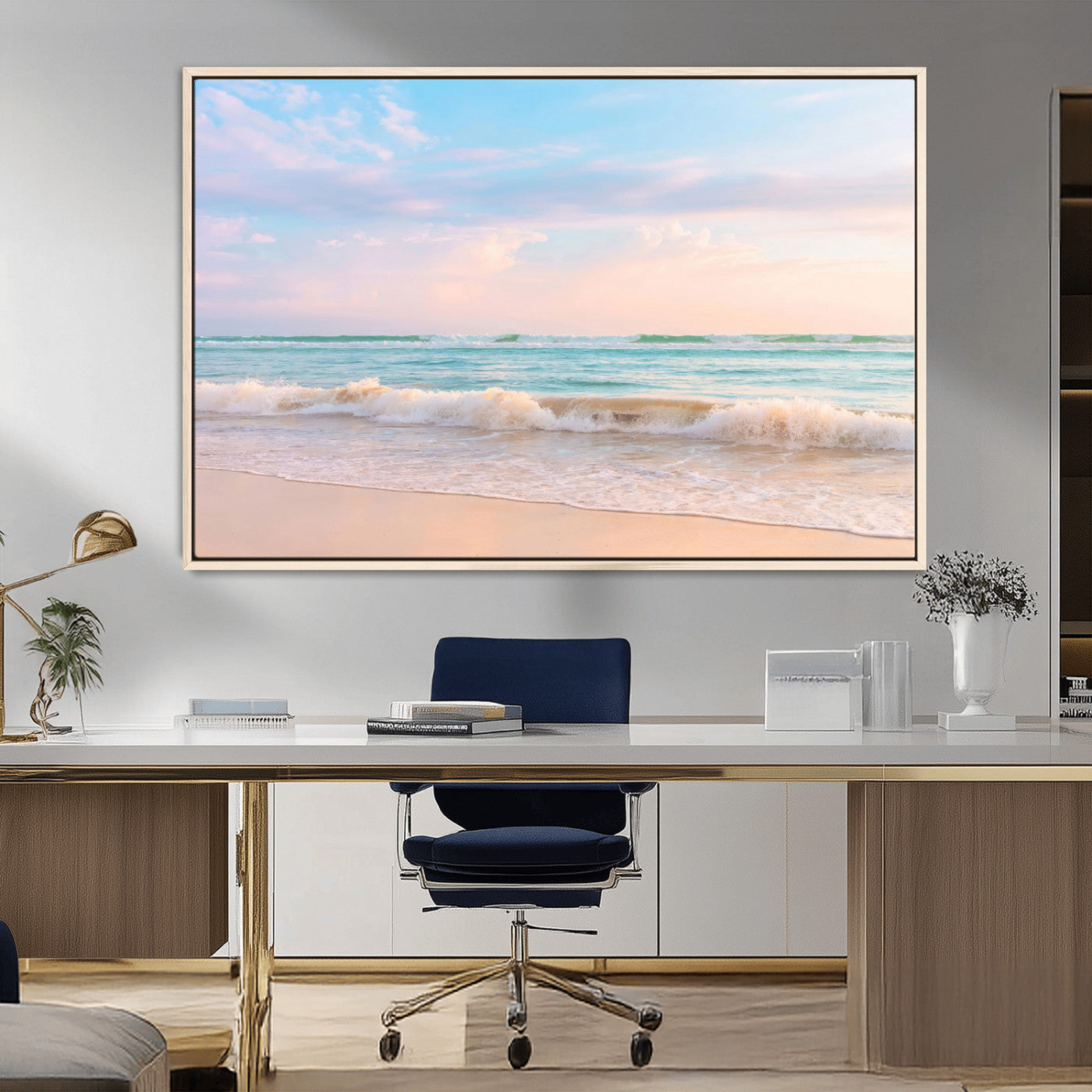 A peaceful beach scene with soft pastel skies, gentle waves washing up on the sandy shore, creating a calm and serene ocean view.