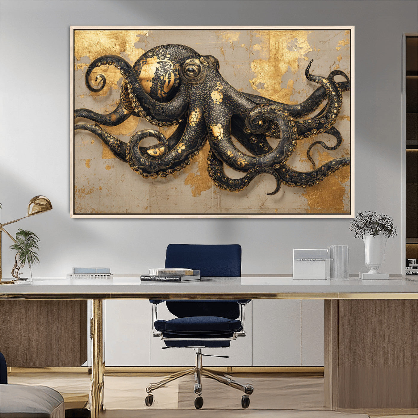 A stunning golden and black illustration of an octopus on a textured background with gold leaf accents, highlighting its intricate tentacles and unique design.