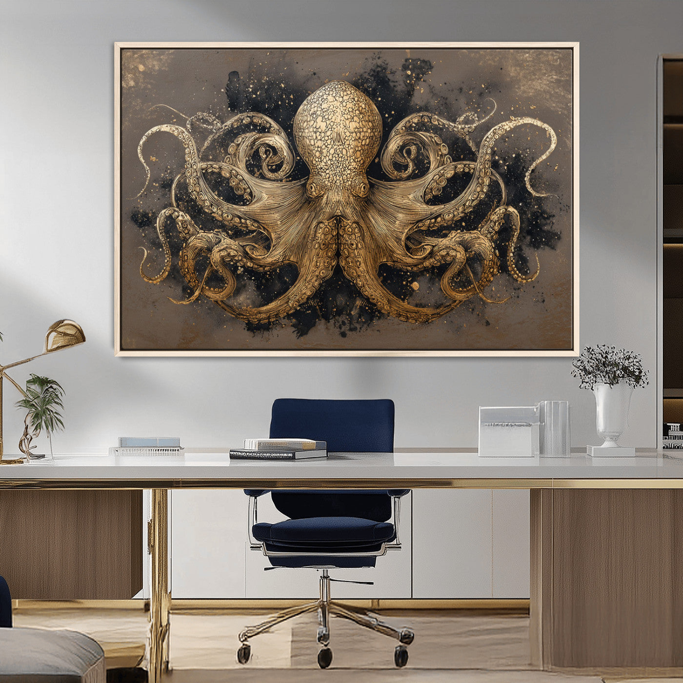 A beautifully detailed illustration of an octopus in gold ink on a textured dark background, with swirling tentacles and intricate patterns.