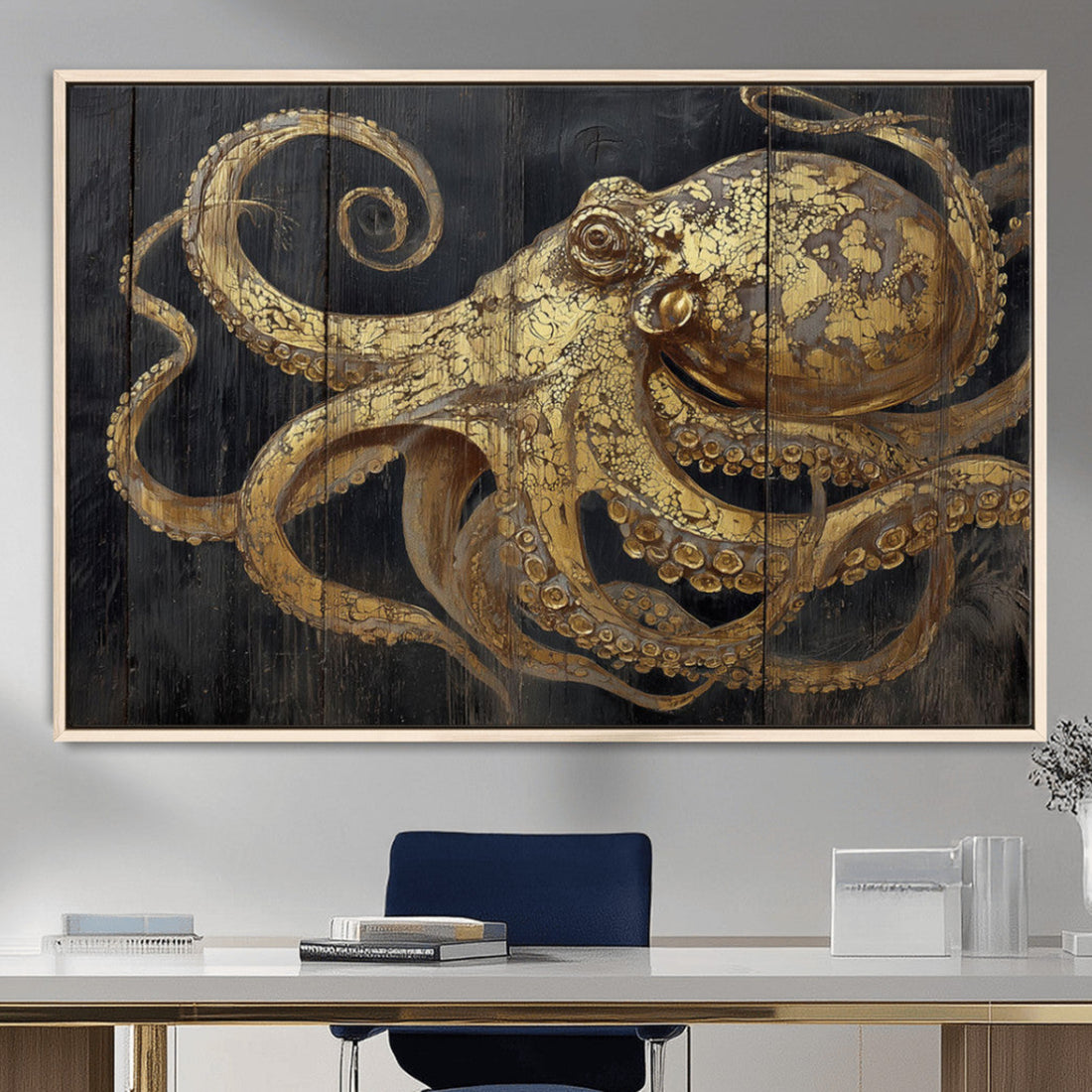 Octopus Wall Art Canvas Print, Gold Detail Octopus on Wooden Plank Background
