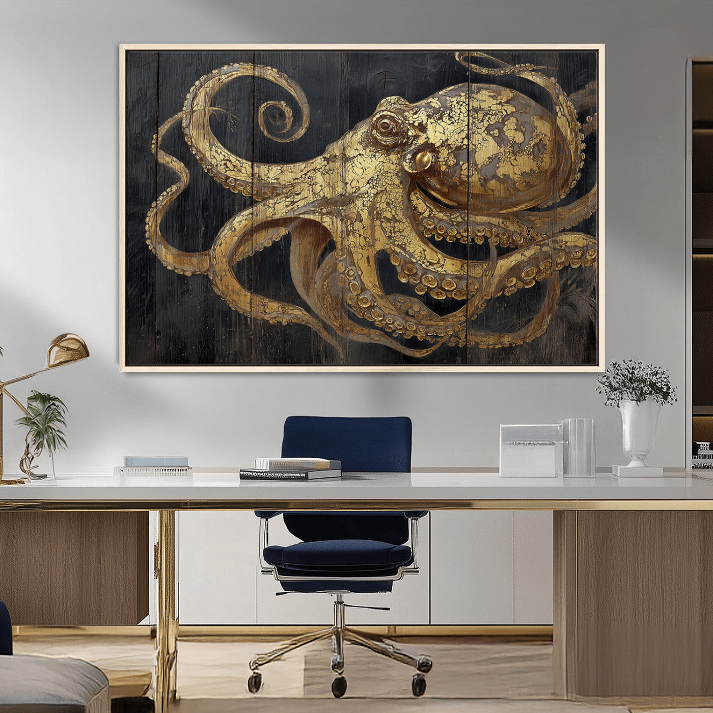 A detailed gold illustration of an octopus on black wooden planks, showing its intricate tentacles and textured skin in an artistic style.
