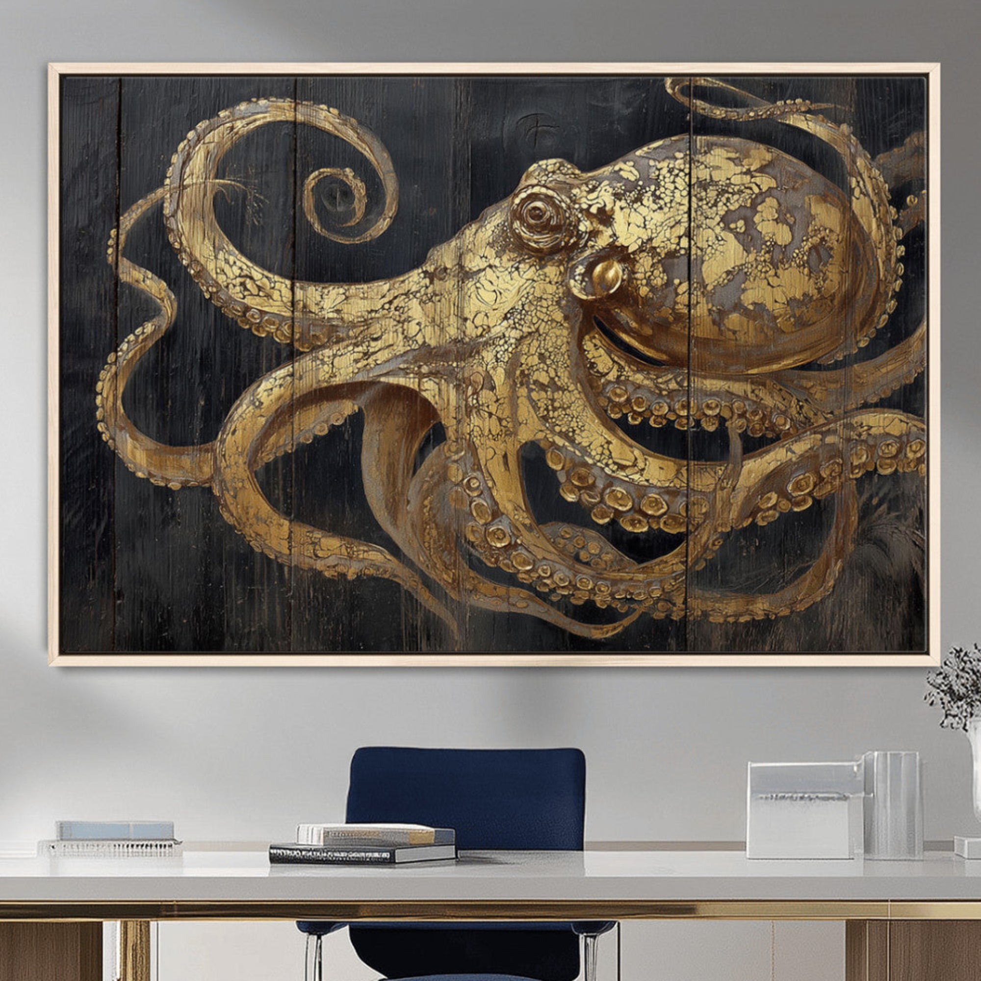 47056538-MGV-CV-36X24-Octopus Wall Art Canvas Print – Gold Detail Wooden Marine Life Ocean Creature Nautical Artwork for Home Office