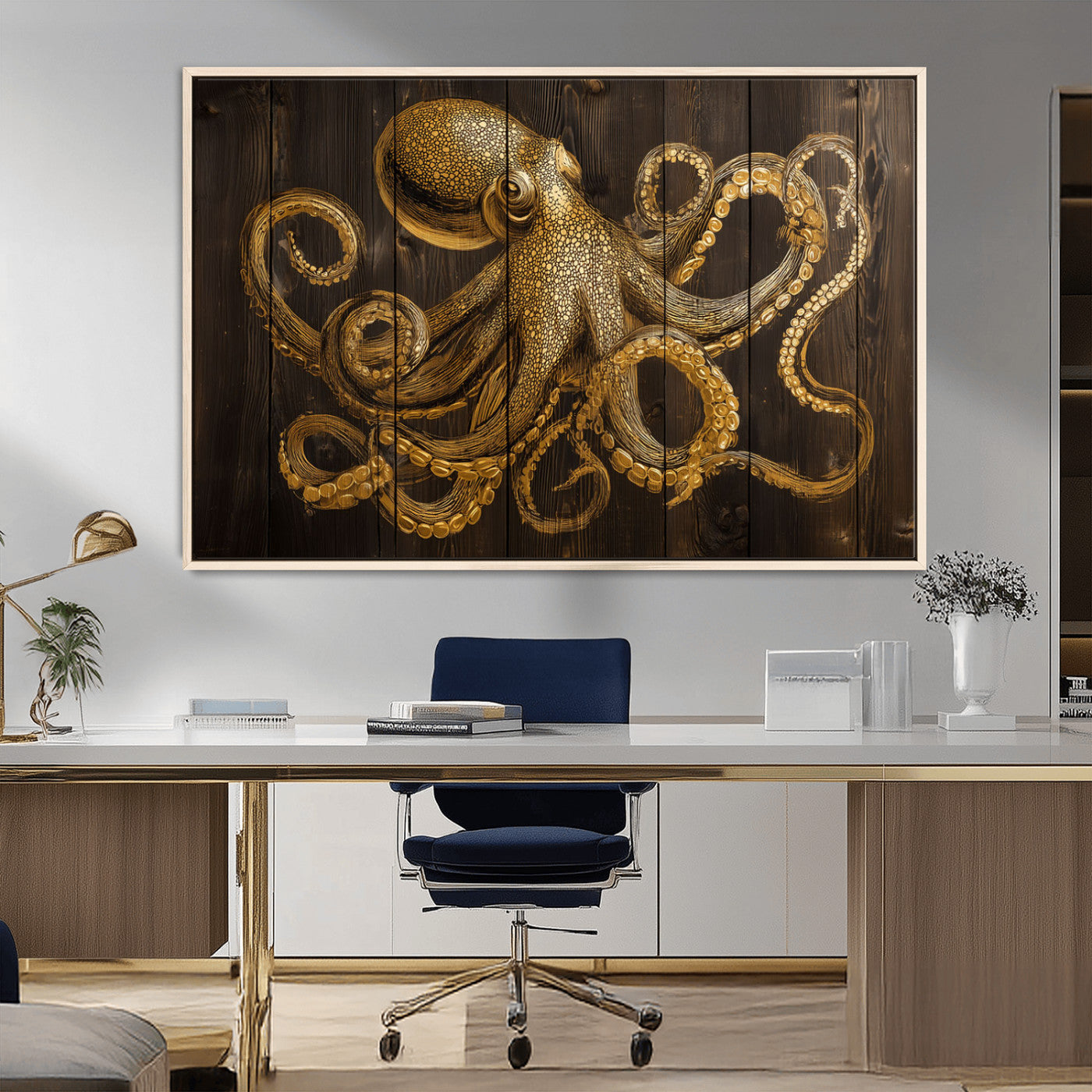 An artistic rendering of an octopus in gold ink on wooden planks, showcasing intricate details of its tentacles and textured skin.