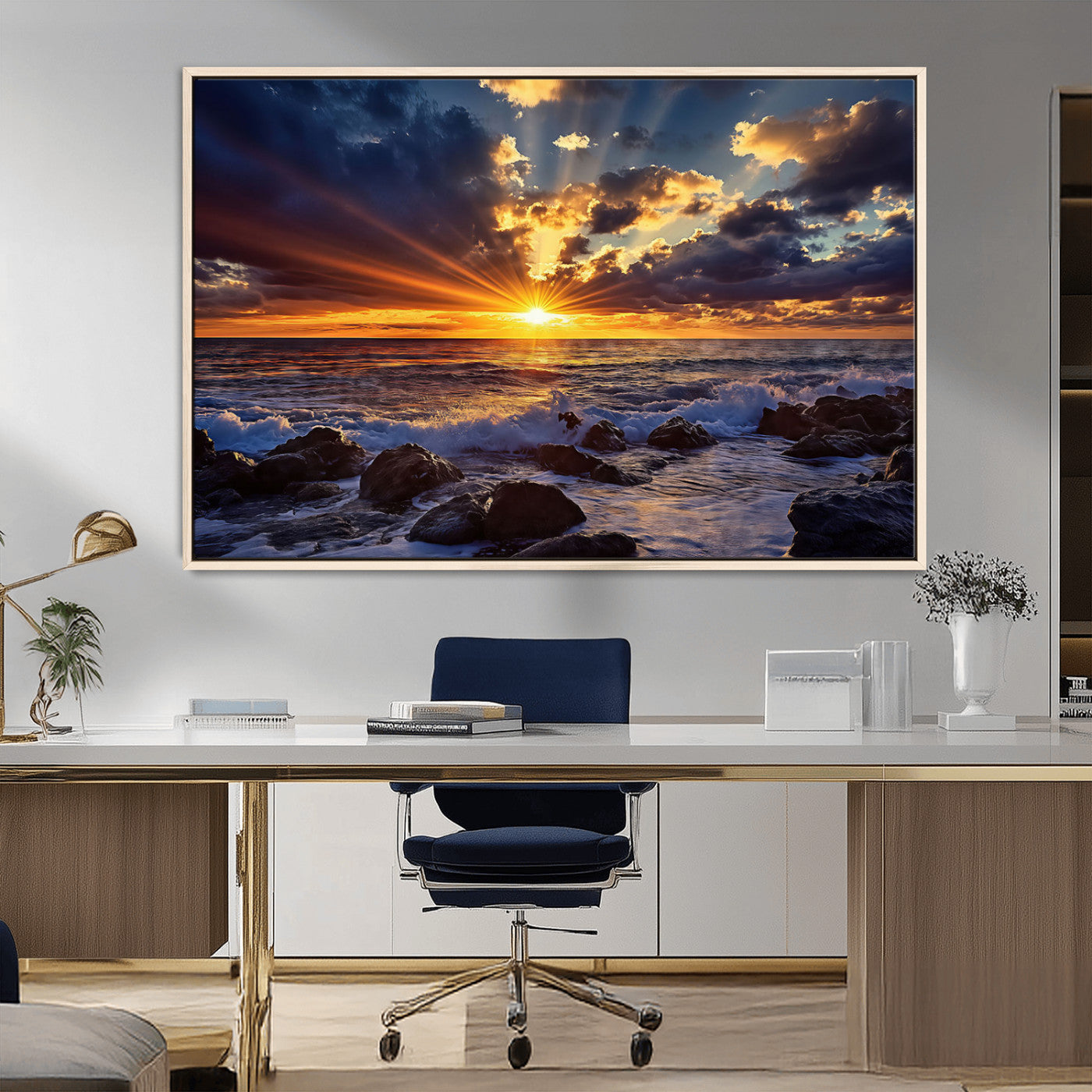 An explosive sunset over the ocean with dramatic clouds and rays of sunlight reflecting off the water, creating a vibrant and captivating view.