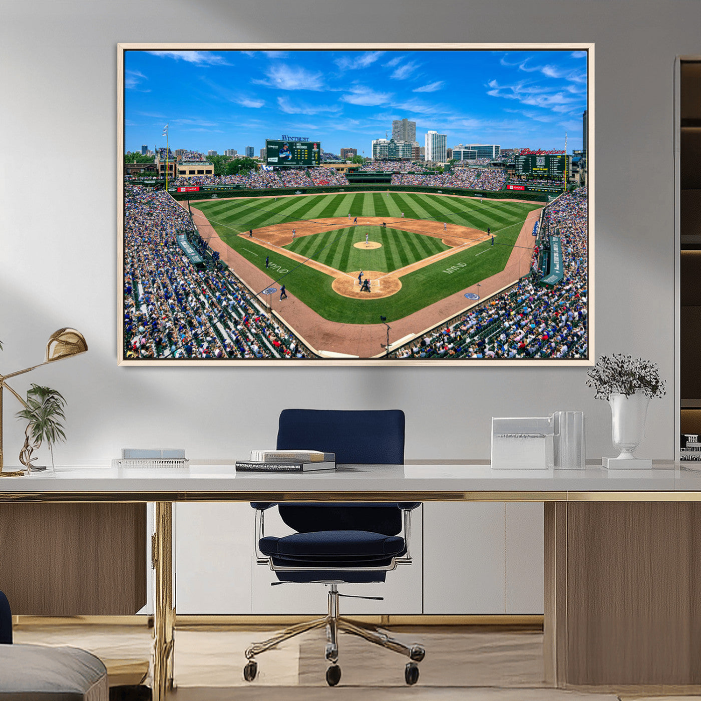Wrigley Field Baseball Stadium Canvas Wall Art, Packed Crowd Sports Stadium Print, City Skyline Baseball Field Canvas for Game Room Decor