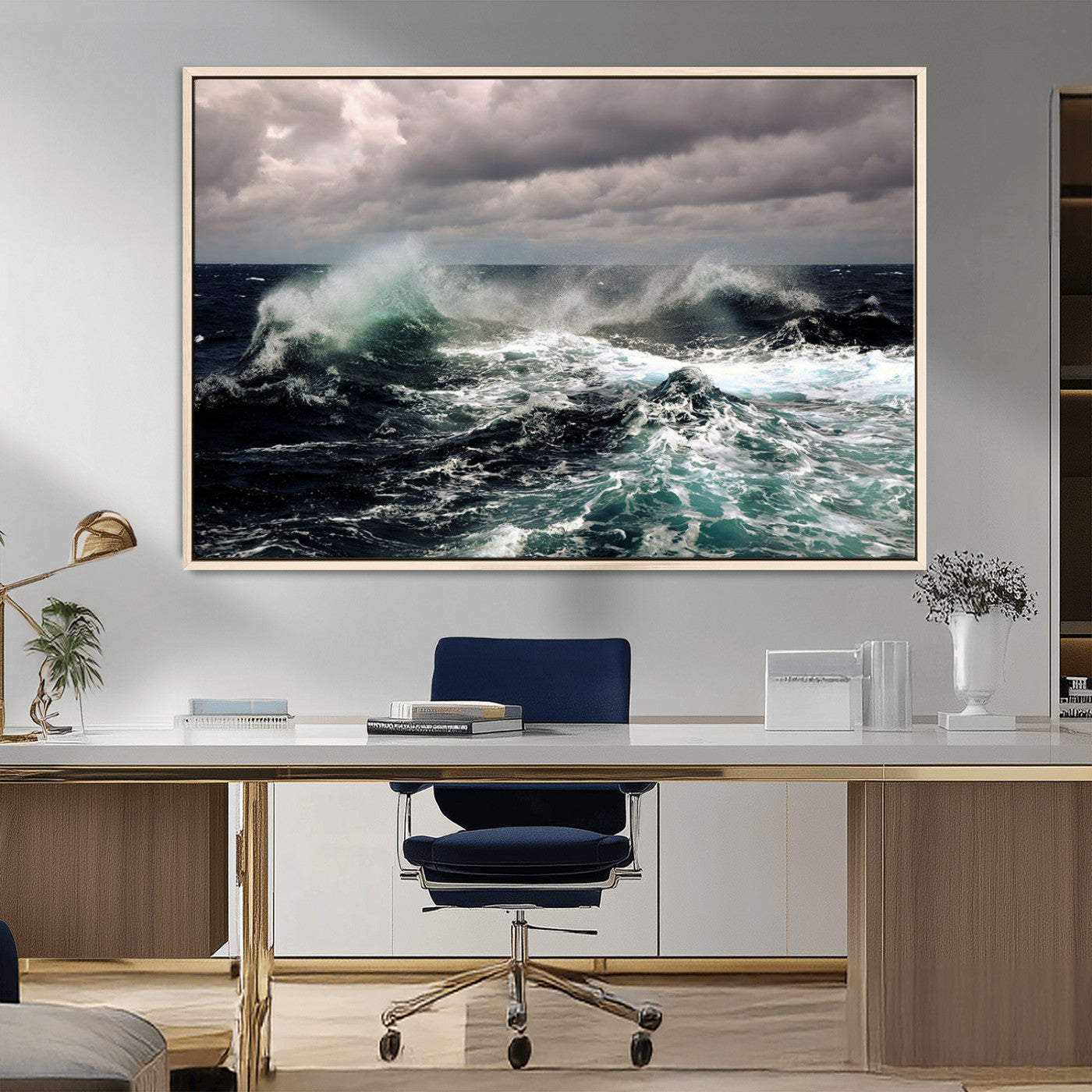 Powerful ocean waves crashing under stormy skies, creating a dynamic and intense seascape.