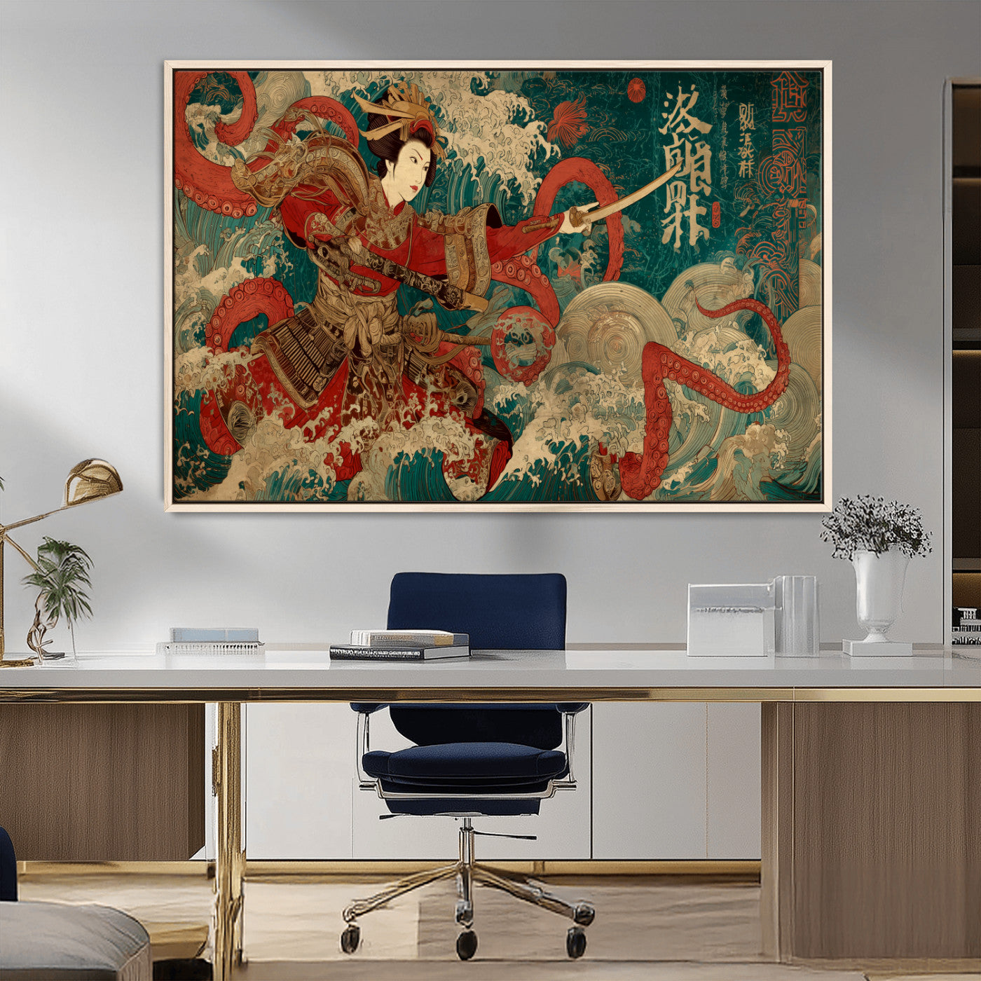 MGV-FC-36X24 - Tsukioka Yoshitoshi Samurai Wall Art Print, Japanese Katana Warrior Canvas Wall Art, Octopus Sea Monster Canvas Print,