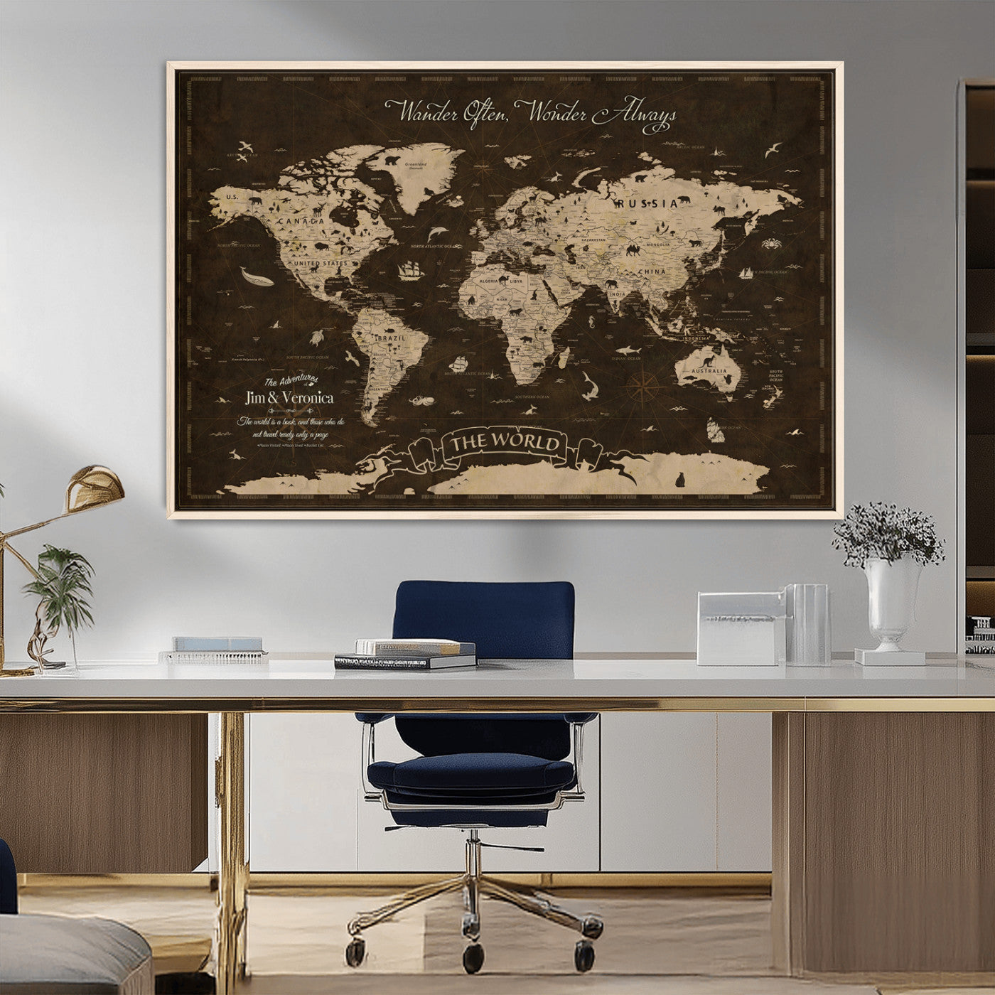 47004909-MGV-CV-36X24-Customize Push Pin World Map Wall Art Canvas Print – Personalized Map for Kids Room – Framed Custom Animal Map for Stady Room Decor