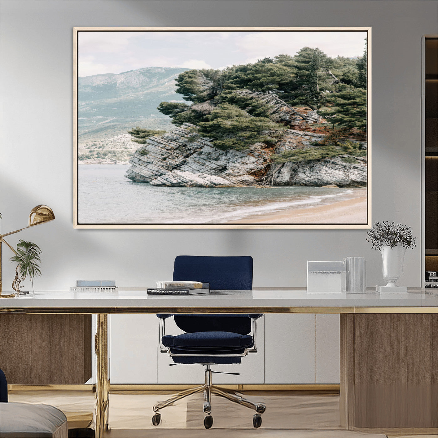 MGV-FC-36X24 - Coastal Rock Canvas Wall Art Print, Scenic Beach Landscape, Pine Trees on Rocky Cliff, Large Nature
