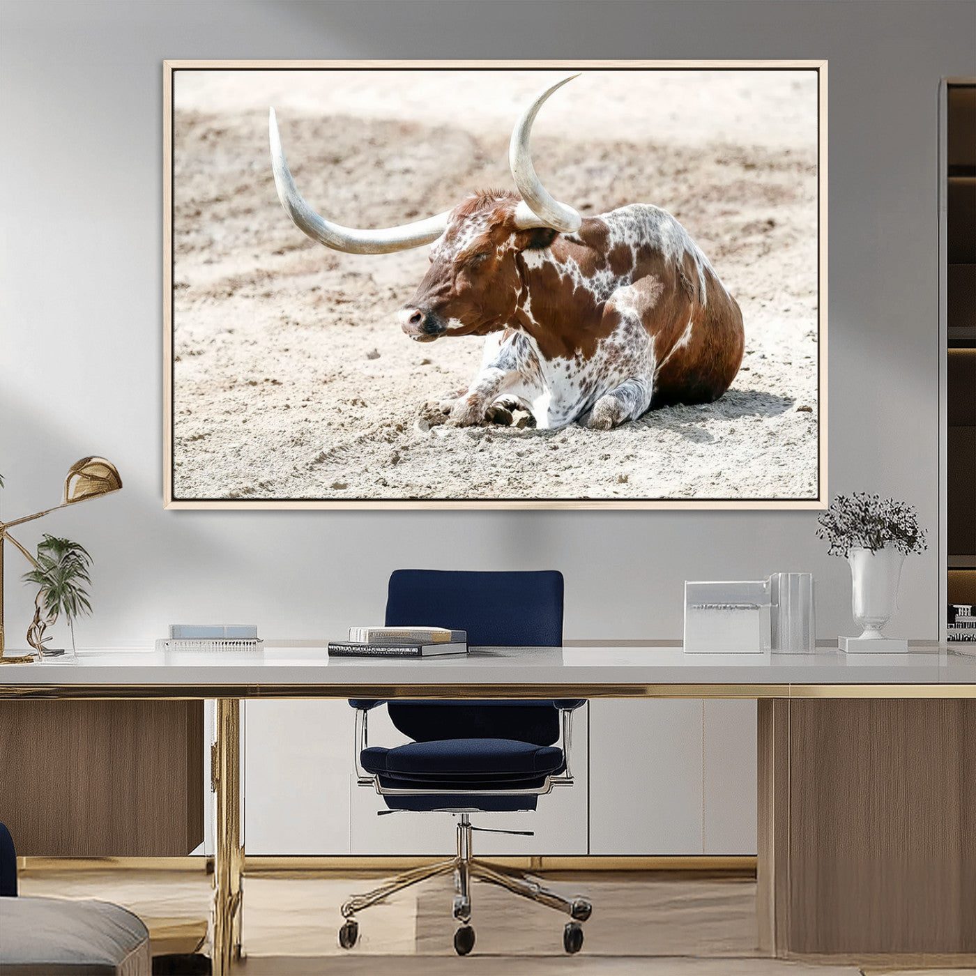 MGV-FC-36X24 - Majestic Longhorn Resting on Sunlit Desert Ground – Striking Western-Themed Wall Art Canvas Print