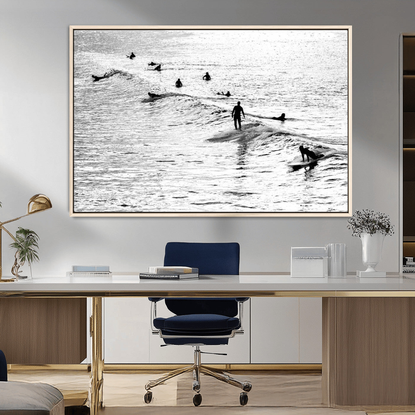 MGV-FC-36X24 - Black and White Surfers Riding Gentle Ocean Waves – Minimalist Coastal Photography Wall Art Canvas