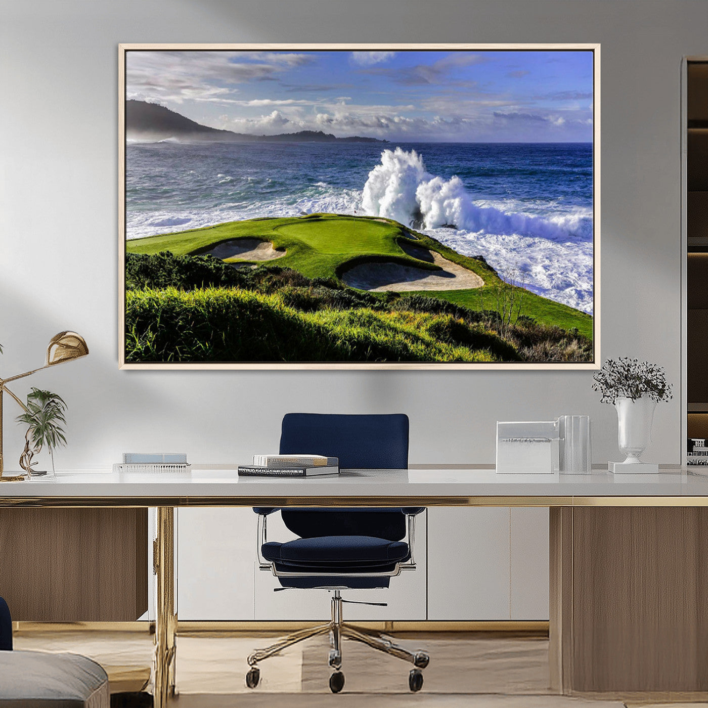 -Dramatic Ocean Waves Crashing Against Rocky Coastline Near a Green Golf Course – Stunning Wall Art