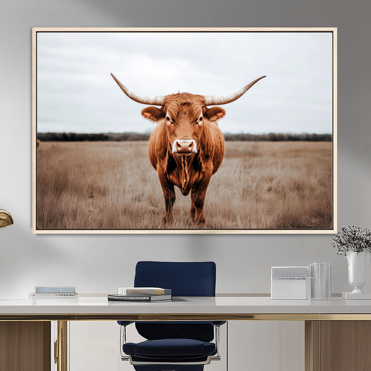 16316734-MGV-FC-36X24 - Longhorn bull, open field, rustic charm, natural beauty, Wall Art Canvas Print, countryside,