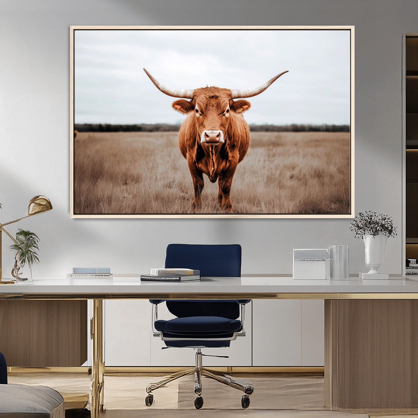 MGV-FC-36X24 - Longhorn bull, open field, rustic charm, natural beauty, Wall Art Canvas Print, countryside,
