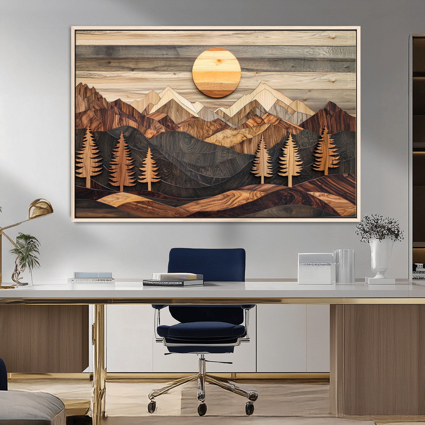 MGV-FC-36X24 - Wooden Mountain Layers Canvas Wall Art – Rustic Pine Tree Landscape with Sunlight Artistic Nature