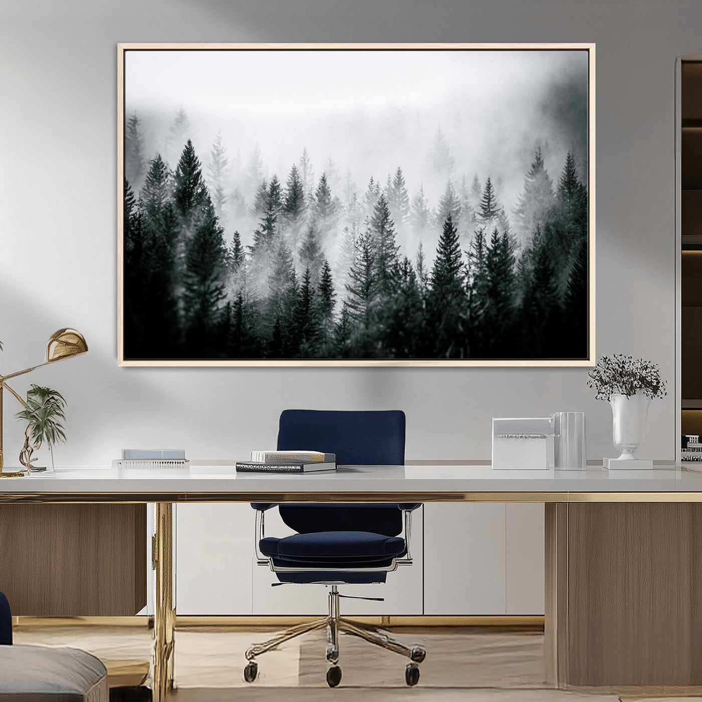 MGV-FC-36X24 - Foggy Pine Forest Canvas Wall Art, Horizontal Black and White Nature Landscape Print for Modern Home Decor