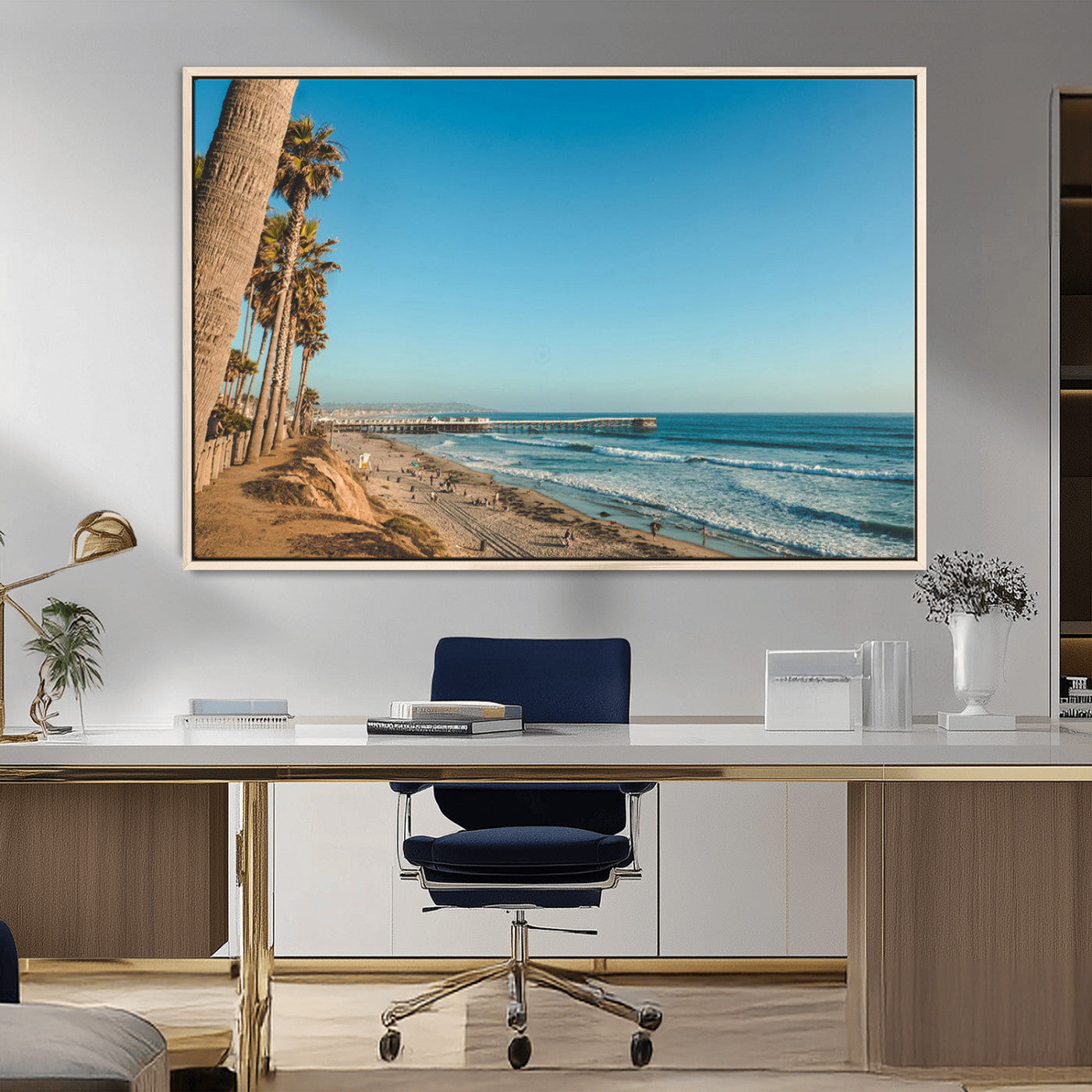 MGV-FC-36X24 - Scenic Beach with Tall Palm Trees, Sandy Shore, and Long Pier Stretching into the Calm Ocean Under