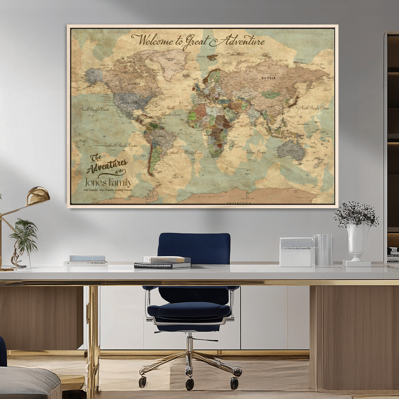 MGV-FC-36X24 - Personalized World Map Wall Art Canvas Print – Custom Push Pin Travel Map for Couples, Families, or Office Décor