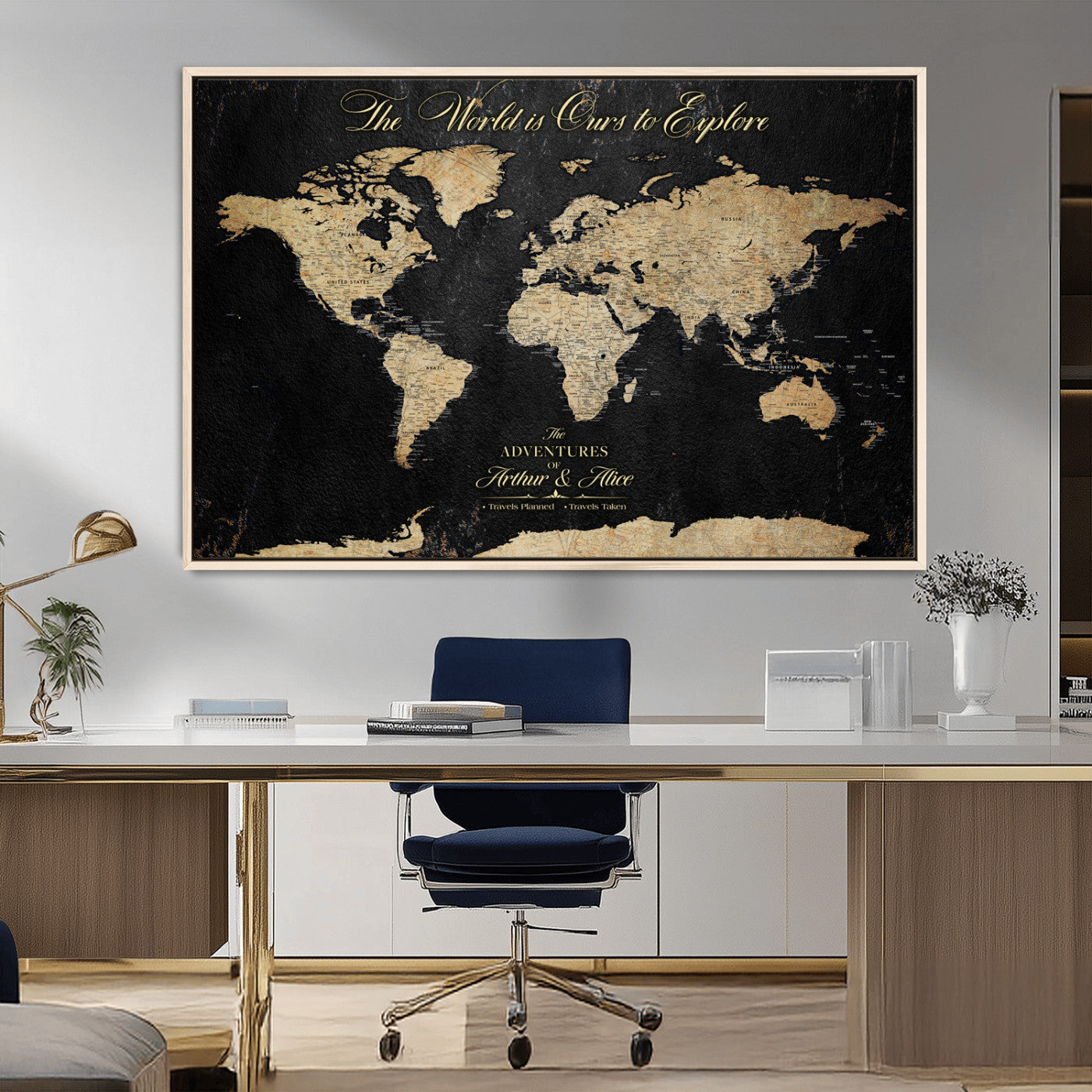 MGV-FC-36X24 - Personalized World Map Wall Art Canvas Print – Custom Push Pin Travel Map for Couples, Families, or Office Décor