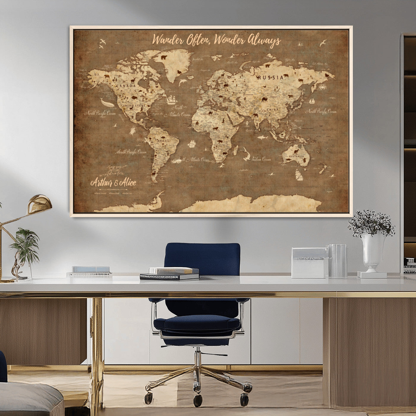 MGV-FC-36X24 - Personalized World Map Wall Art Canvas Print – Custom Push Pin Travel Map for Couples, Families, or Office Décor
