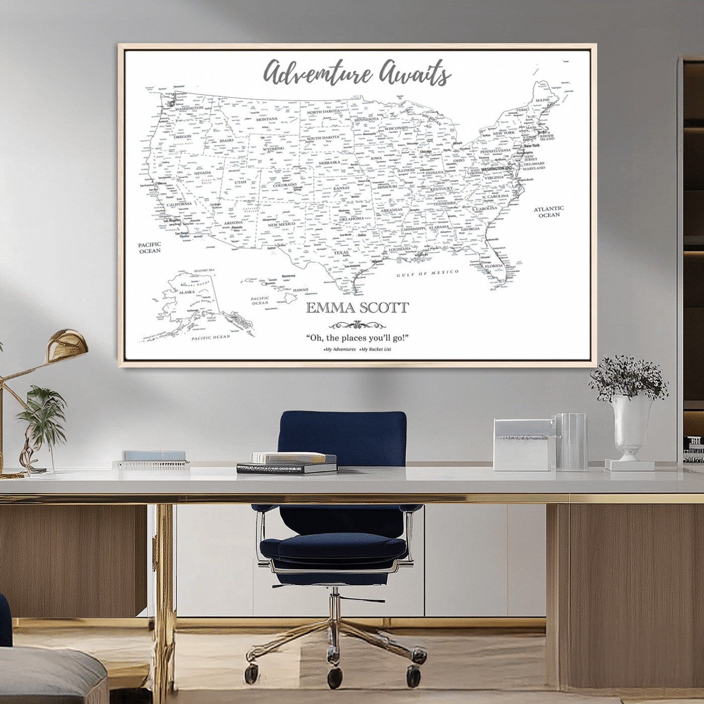 MGV-FC-36X24 - Personalized US Map Wall Art Canvas Print – Custom Push Pin Travel United States US Map for Couples, Families, or Office Décor