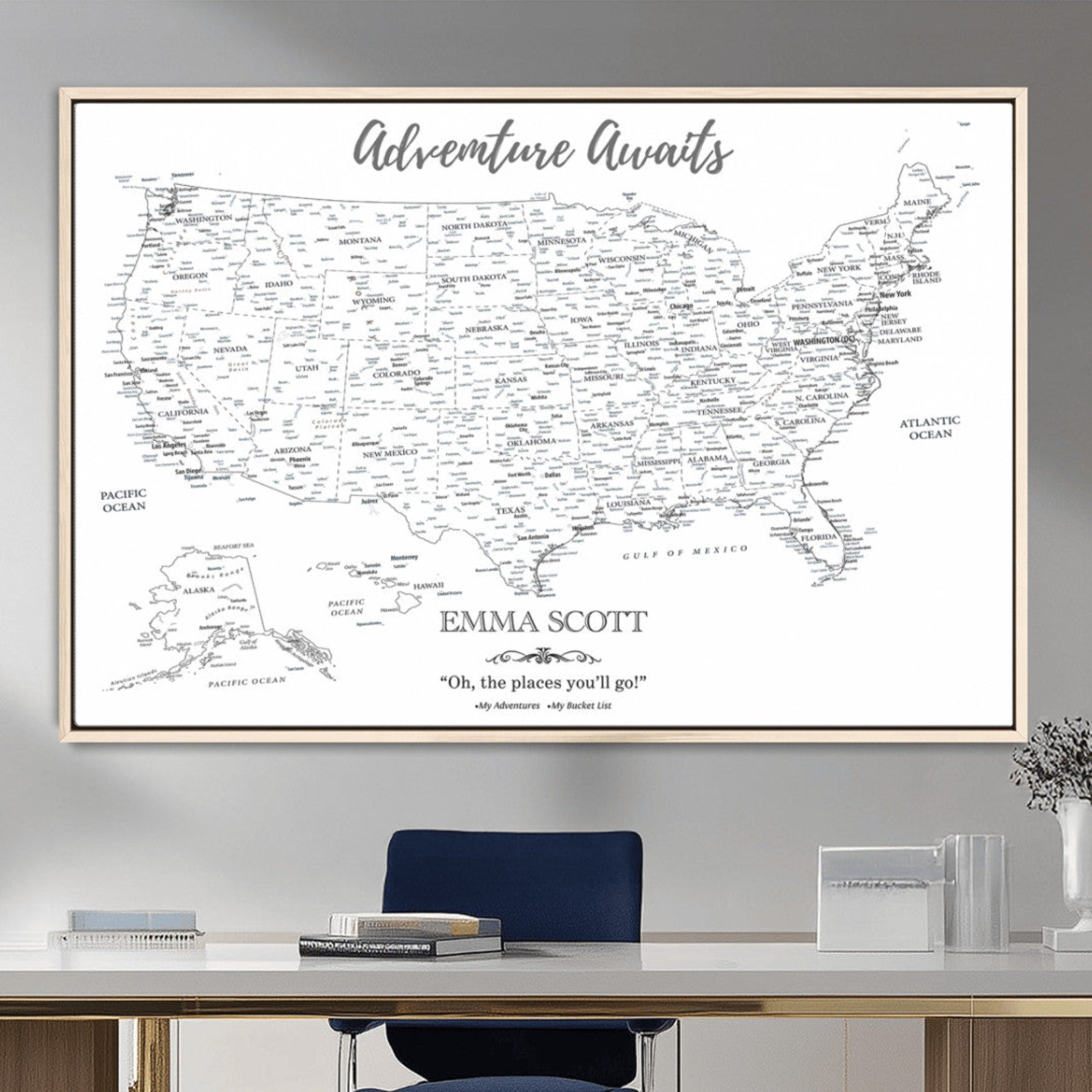 MGV-FC-36X24 - Personalized US Map Wall Art Canvas Print – Custom Push Pin Travel United States US Map for Couples, Families, or Office Décor