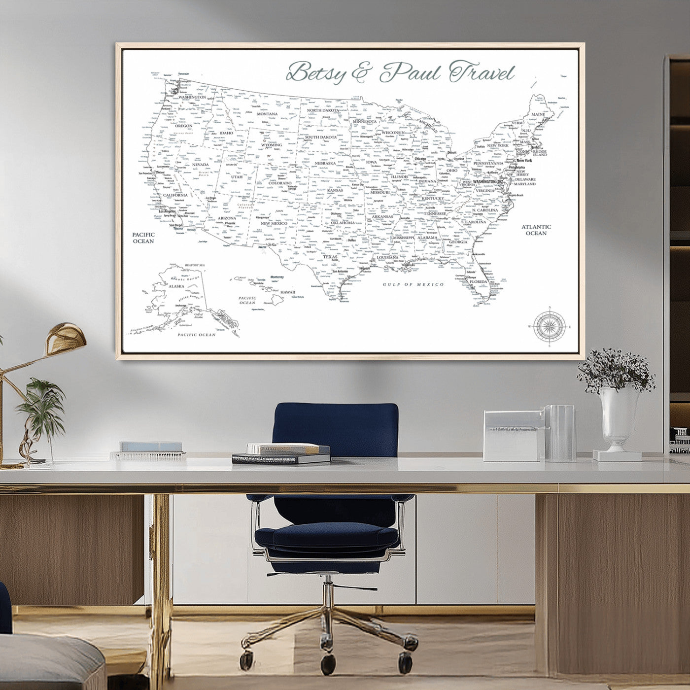 MGV-FC-36X24 - Personalized USA Map Wall Art Canvas Print – Custom Push Pin Travel American Map for Couples, Families, or Office Décor