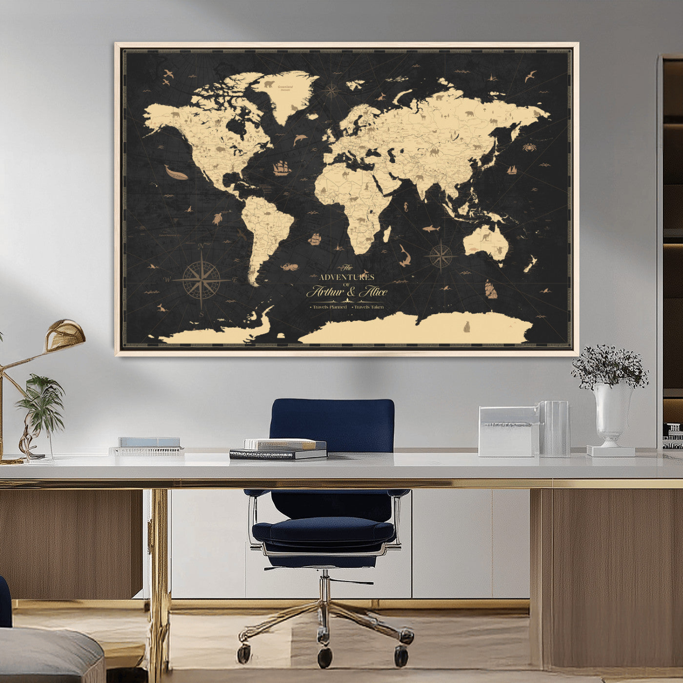 MGV-FC-36X24 - Personalized World Map Wall Art Canvas Print – Custom Push Pin Travel Map for Couples, Families, or Office Décor