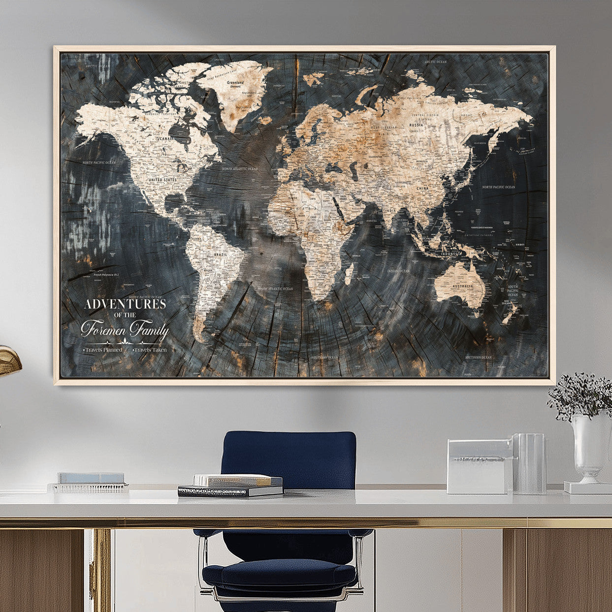 58265369-MGV-FC-36X24 - Customized Push Pin World Map Wall Art Canvas Print with Pins, Personalized Travel Tracker Map, Framed World Map for Living Room, Office and Home Decor