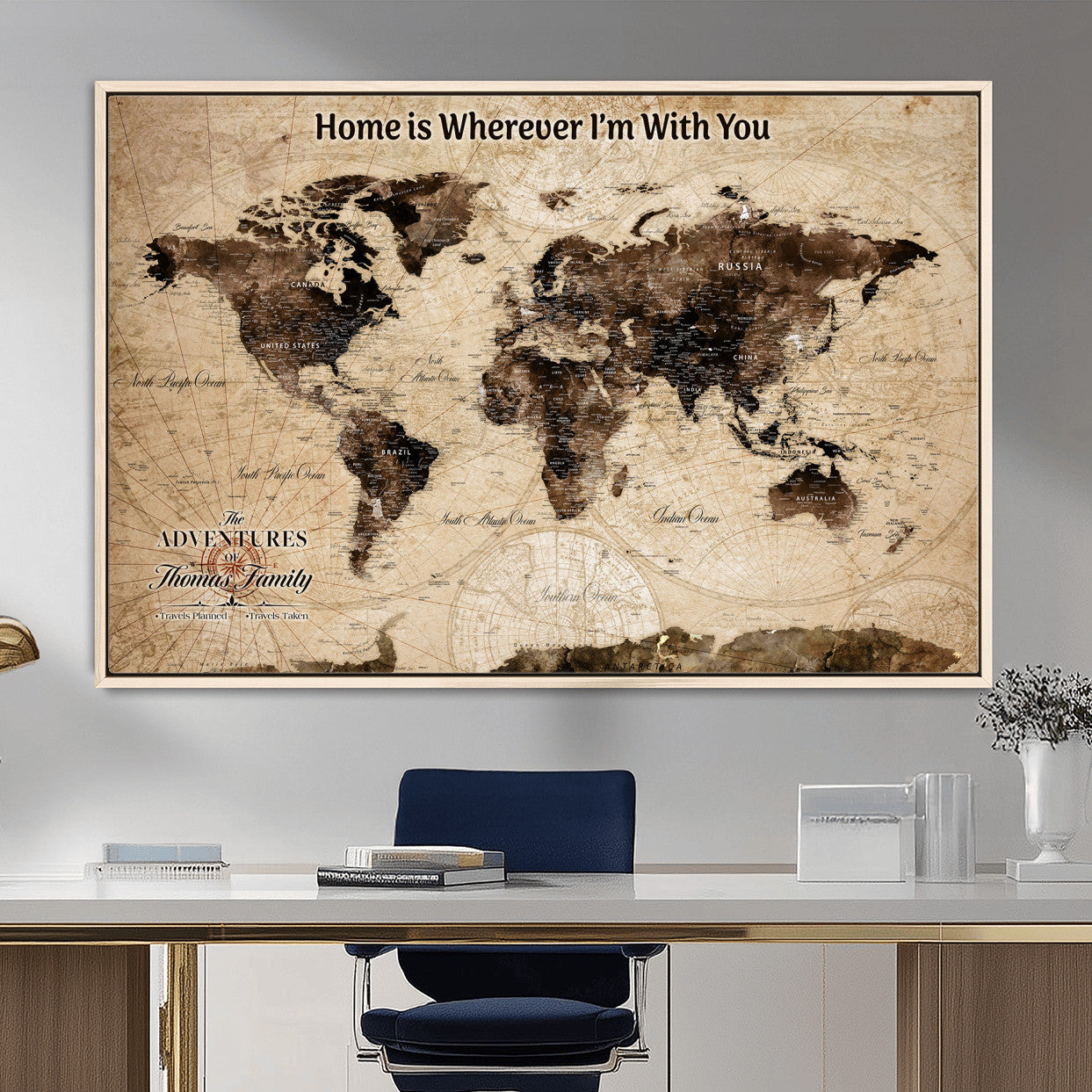 31398786-MGV-FC-36X24 - Personalized World Map Wall Art – Custom Framed Push Pin Travel Tracker Canvas Print Unique Gift for Home, Office