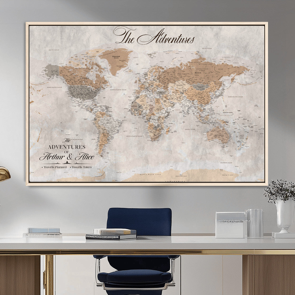 91774967-MGV-FC-36X24 - Personalized Push Pin World Map Canvas Print – Custom Framed Travel Tracker Artwork for Couples or Home Decor