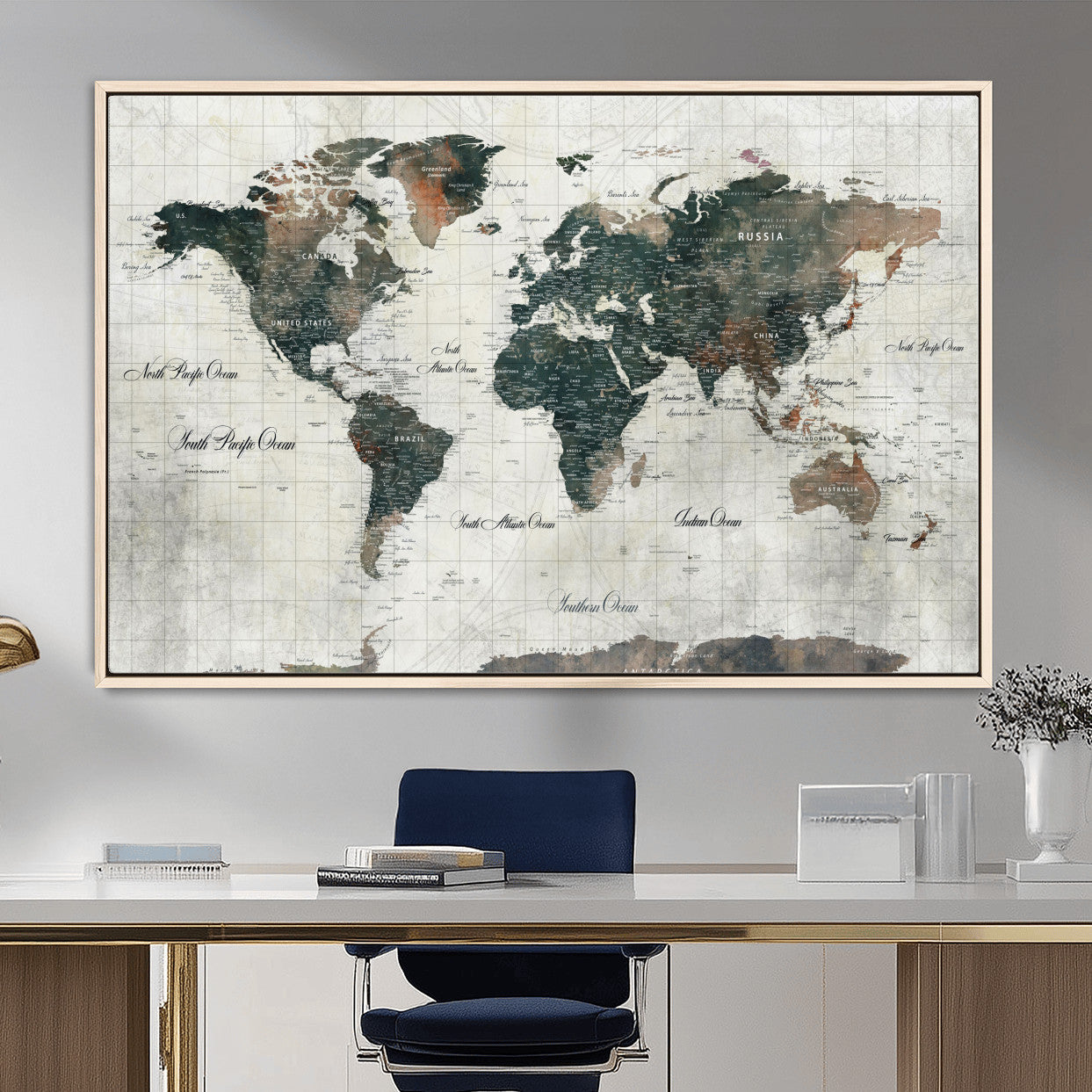 90149079-MGV-FC-36X24 - World Map Wall Art Canvas Print, Modern Decorative Framed Map Artwork Prints for Living Room, Office, Bedroom Wall Decor