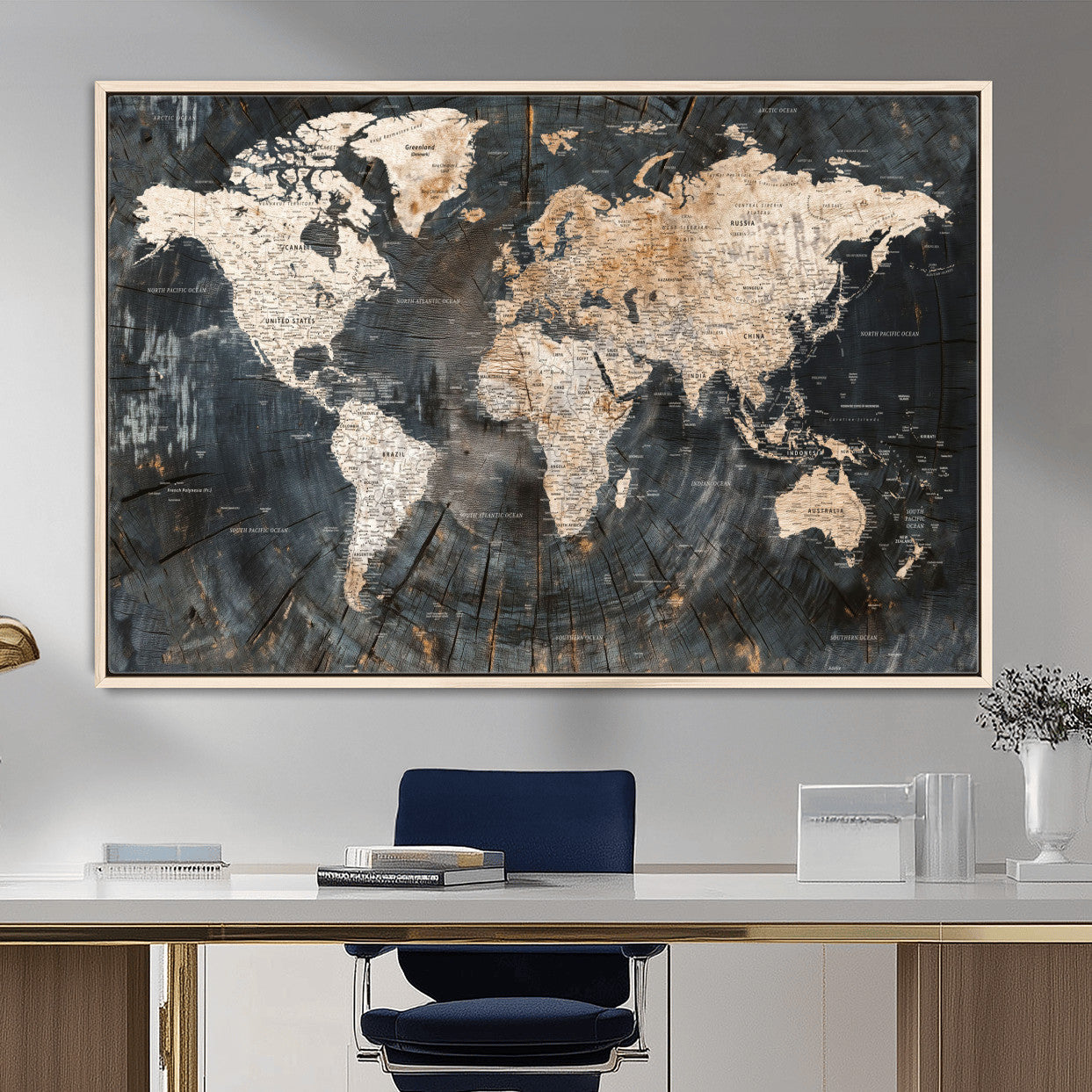 57626704-MGV-FC-36X24 - World Map Wall Art Canvas Print, Modern Decorative Framed Map Artwork Prints for Living Room, Office, Bedroom Wall Decor