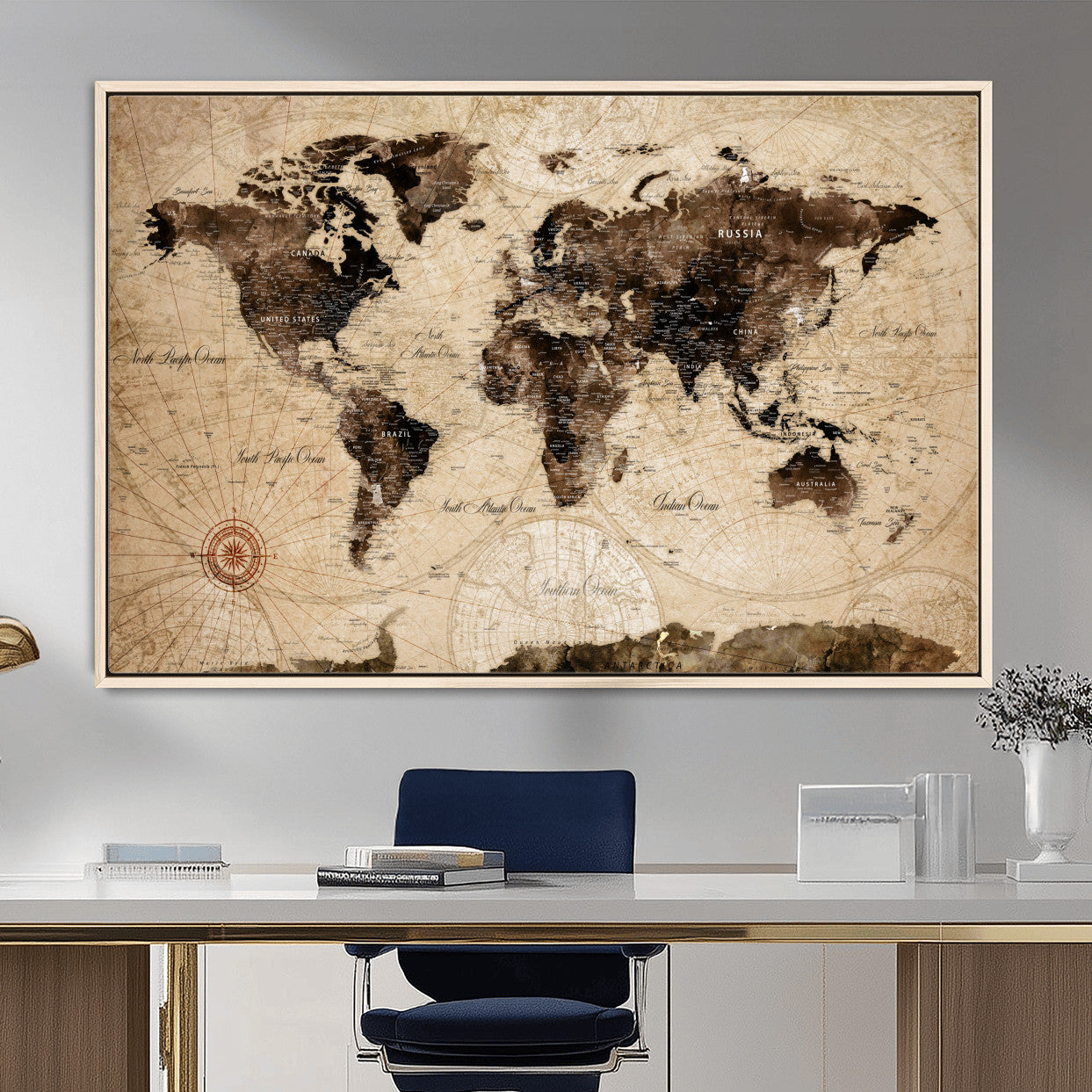 97114757-MGV-FC-36X24 - World Map Wall Art Canvas Print, Modern Decorative Framed Map Artwork Prints for Living Room, Office, Bedroom Wall Decor
