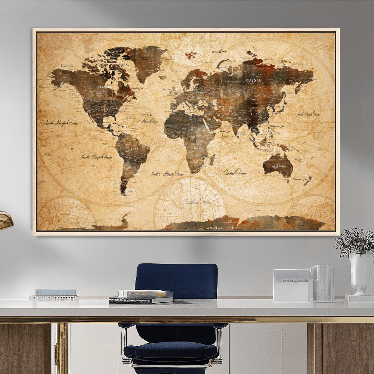 14542905-MGV-FC-36X24 - World Map Wall Art Canvas Print, Modern Decorative Framed Map Artwork Prints for Living Room, Office, Bedroom Wall Decor