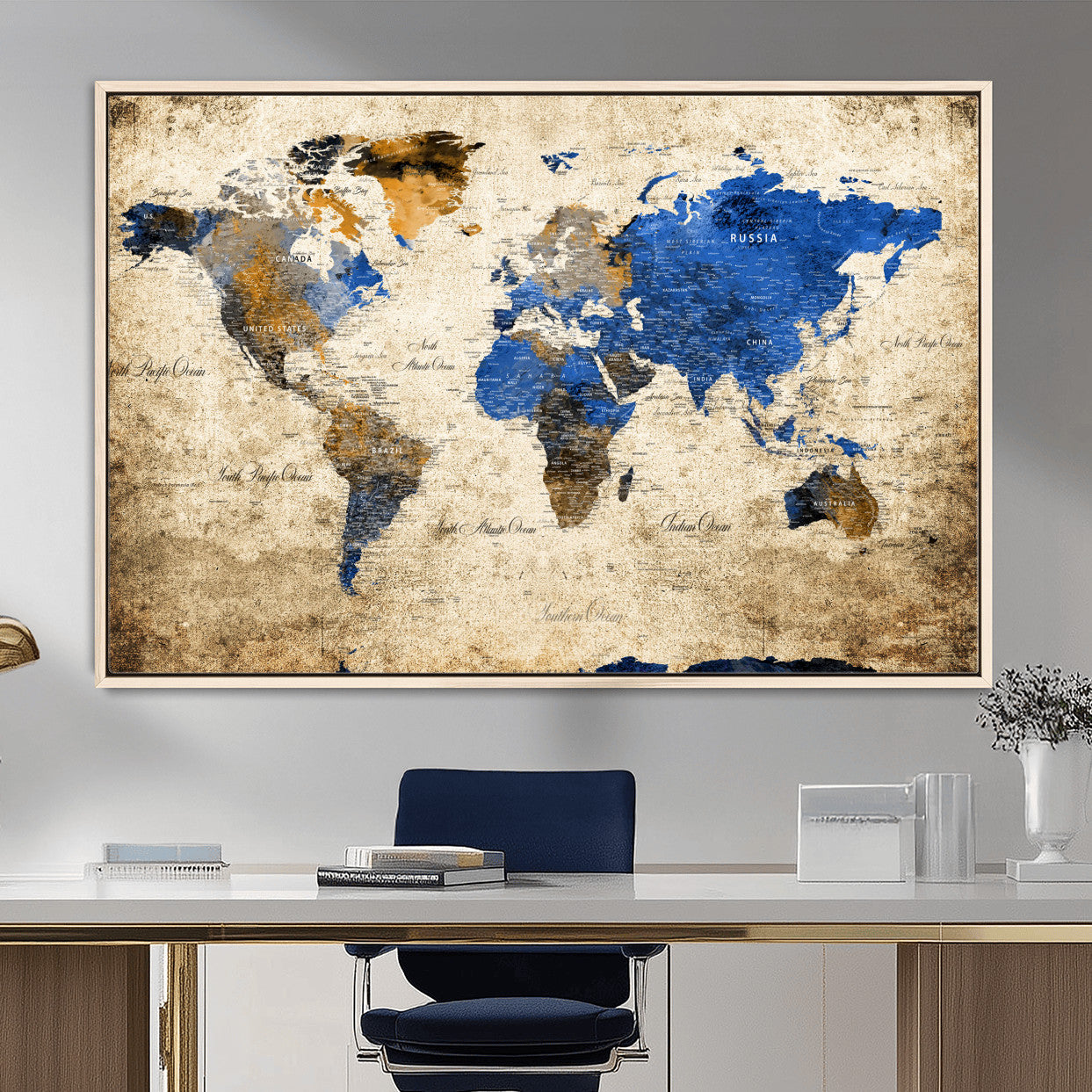 13564339-MGV-FC-36X24 - World Map Wall Art Canvas Print, Modern Decorative Framed Map Artwork Prints for Living Room, Office, Bedroom Wall Decor