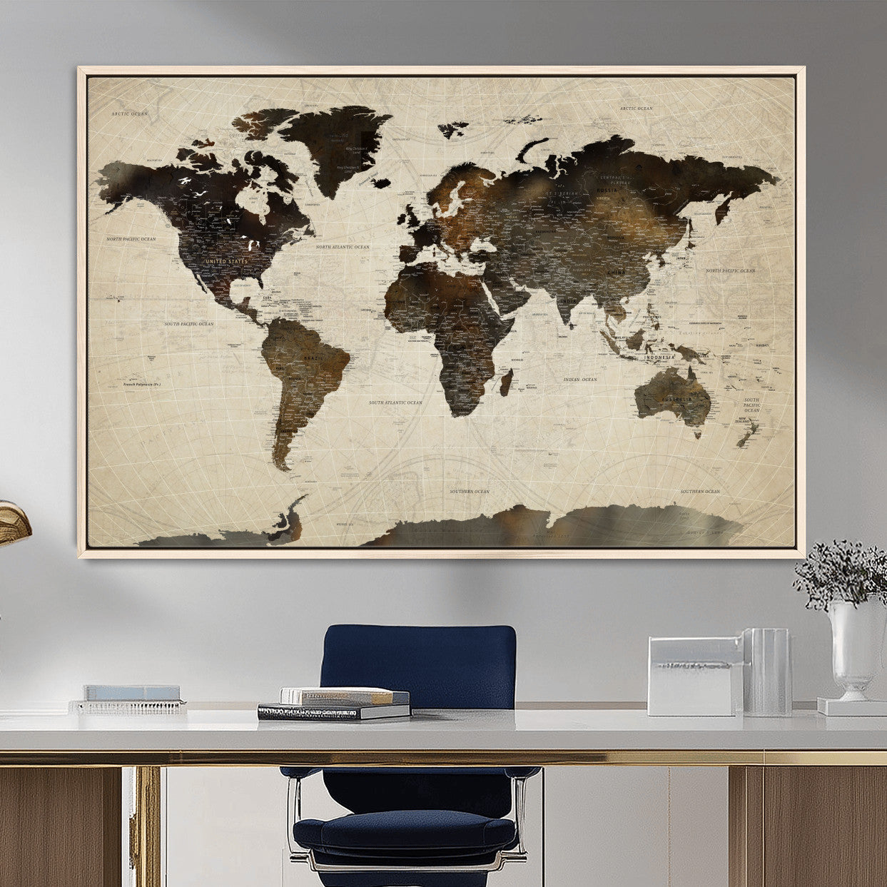 81771296-MGV-FC-36X24 - World Map Wall Art Canvas Print, Modern Decorative Framed Map Artwork Prints for Living Room, Office, Bedroom Wall Decor