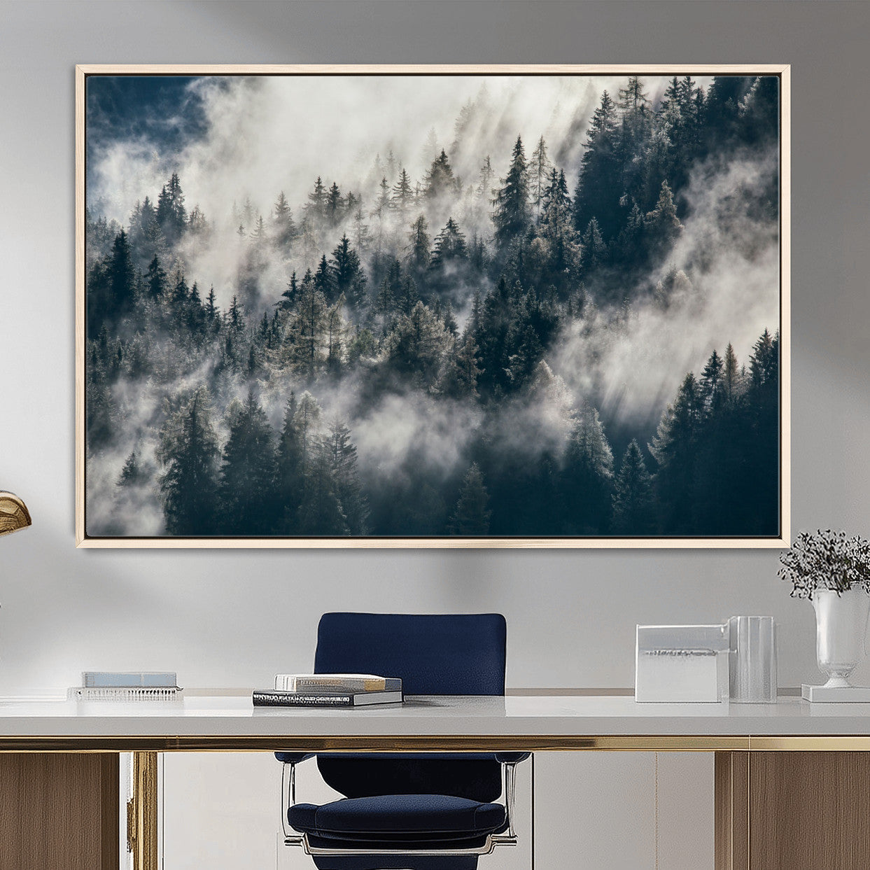 270372951-MGV-FC-36X24 - Misty Pine Forest Canvas Wall Art – Dark Forest Mountaing and Nature Landscape Print, Horizontal Canvas Print