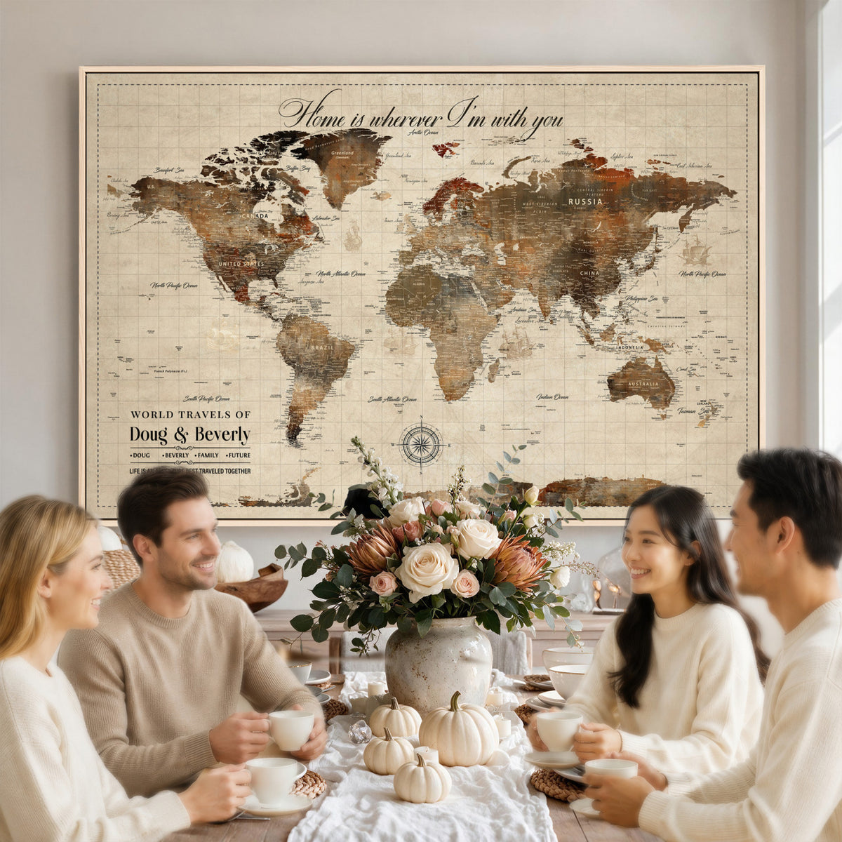 94399474-MGV-CV-36X24 - Large Custom Framed Beige Vintage World Travel Map Wall Art with Pins, Couples Countries Visited Map, Living Room and Hallway Decor
