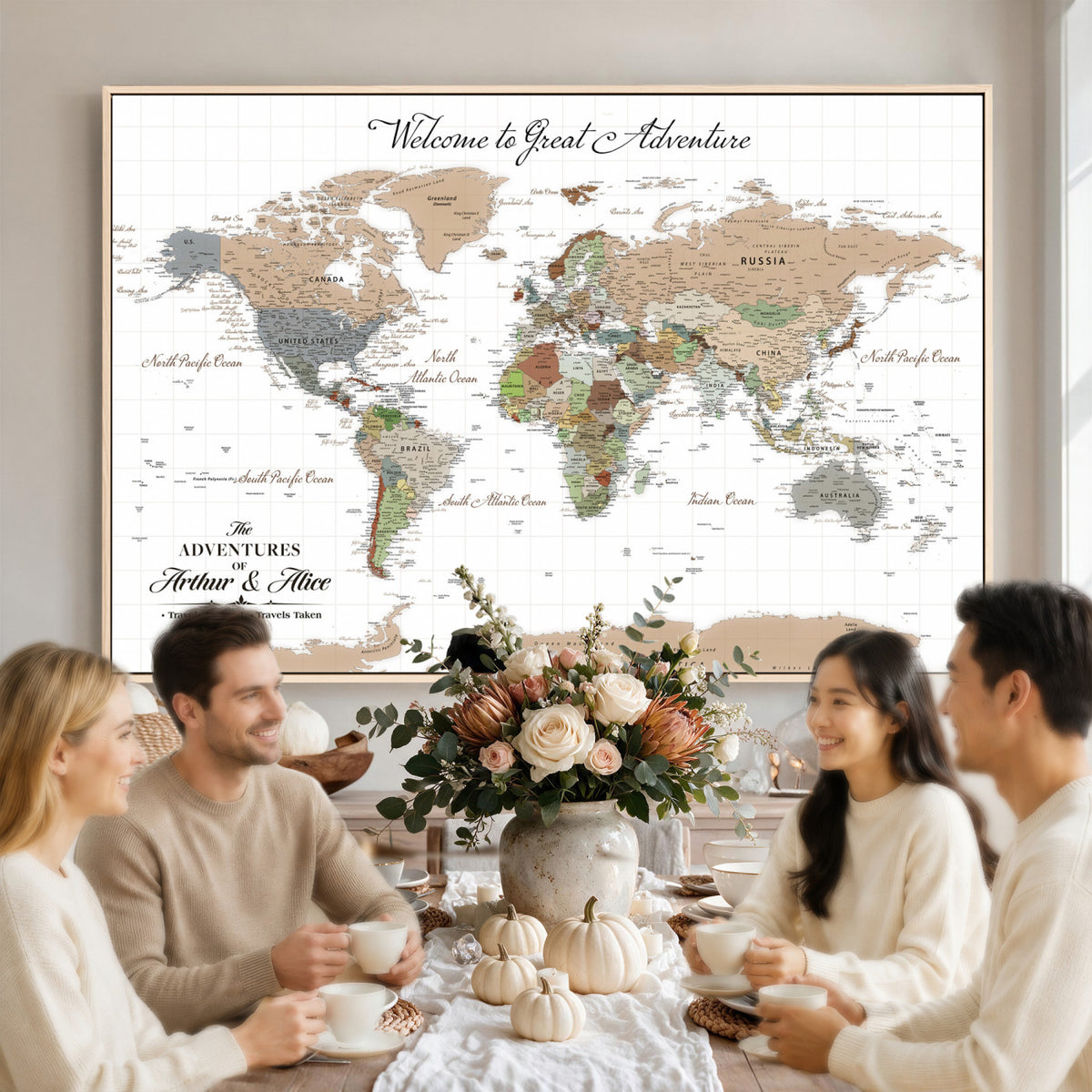 85396539-MGV-CV-36X24 - Custom Beige Push Pin World Map Wall Art, Bucket List Map, Study and Hallway Decor