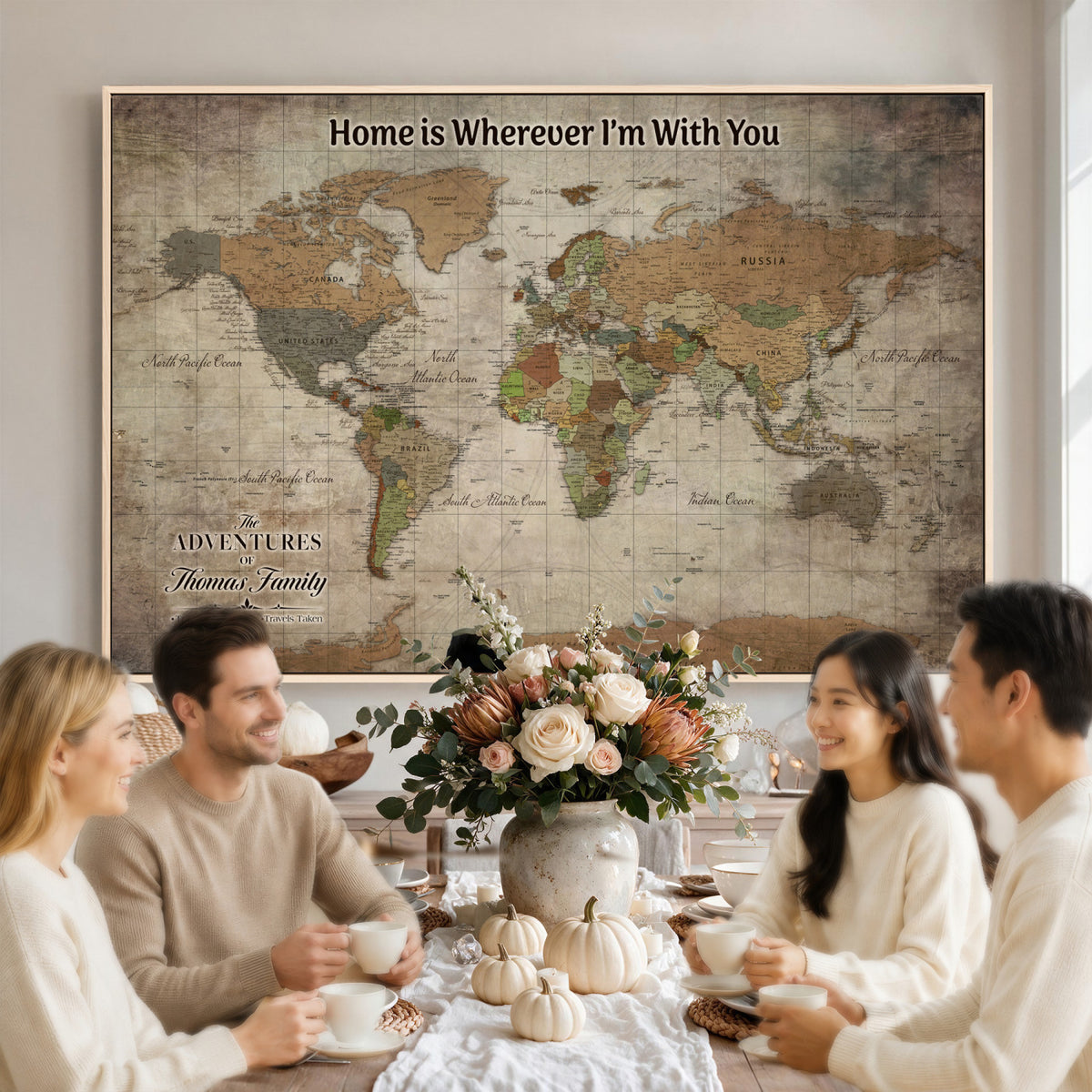 22593671-MGV-CV-36X24 - Personalized Beige Geometric World Map Canvas with Push Pins, Next Trip Planner Map, Study and Entryway Decor
