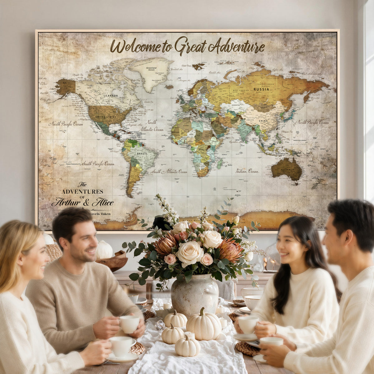 33043195-MGV-CV-36X24 - Personalized Beige World Travel Map Wall Art with Pins, Family Travel Tracker, Family Room and Study Decor